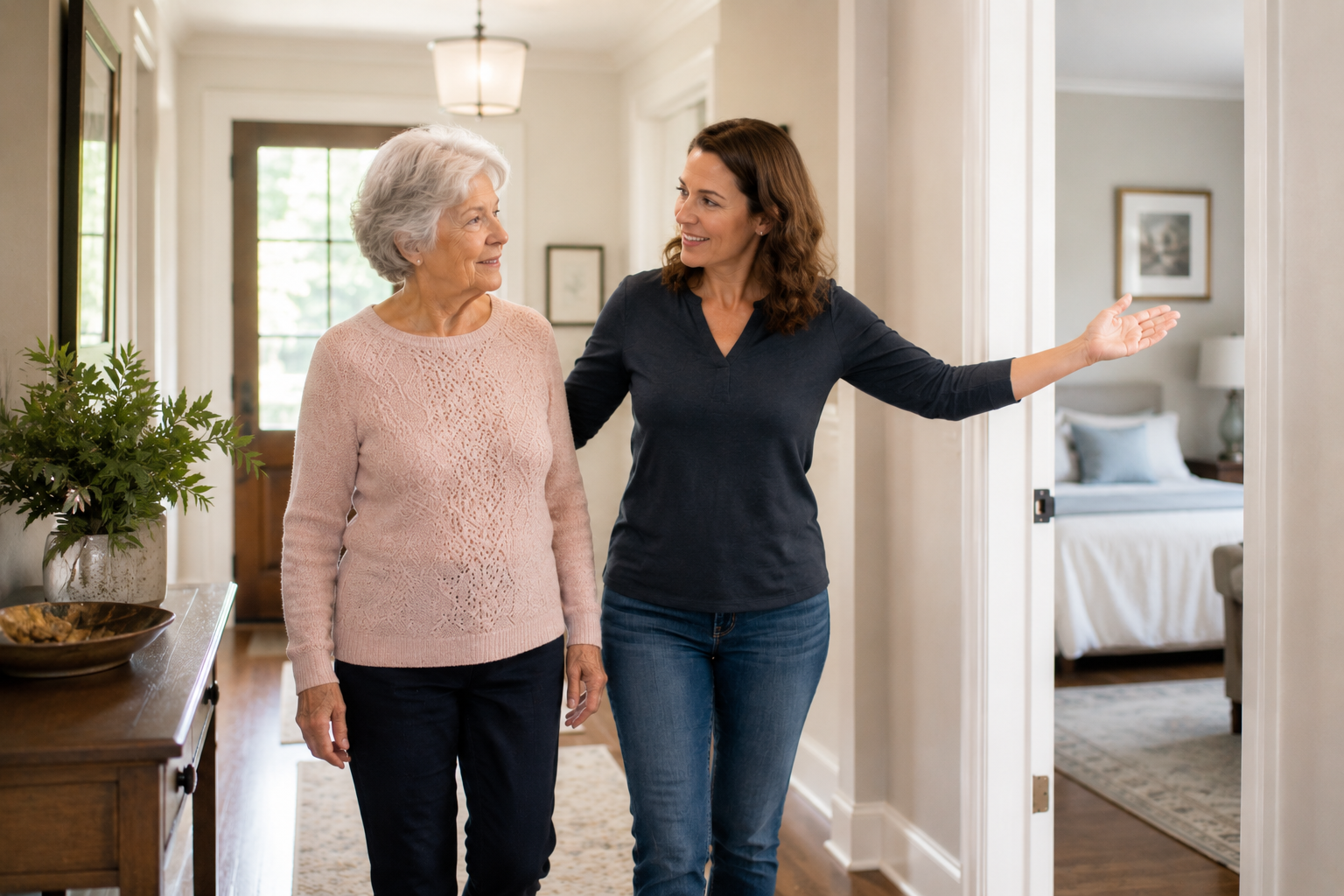 A family caregiver or adult child walking through a bright home with a senior parent, both looking at the home environment with purpose — perhaps the caregiver gesturing toward a doorway, hallway, or room entrance. Warm, realistic home setting. Natural light. Photorealistic style. No medical equipment visible.