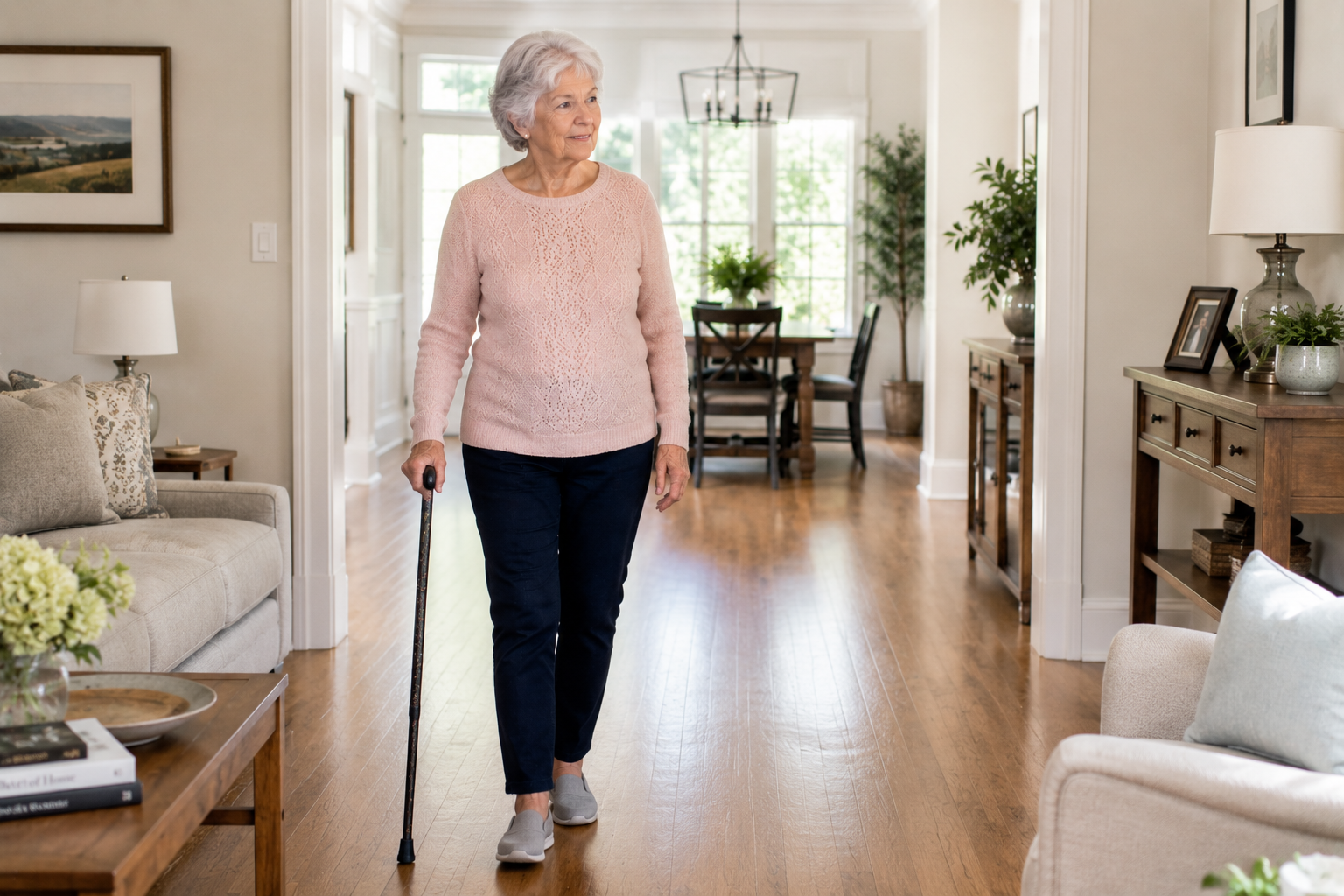 Elderly stroke survivor walking confidently with a cane through a clear, unobstructed home pathway