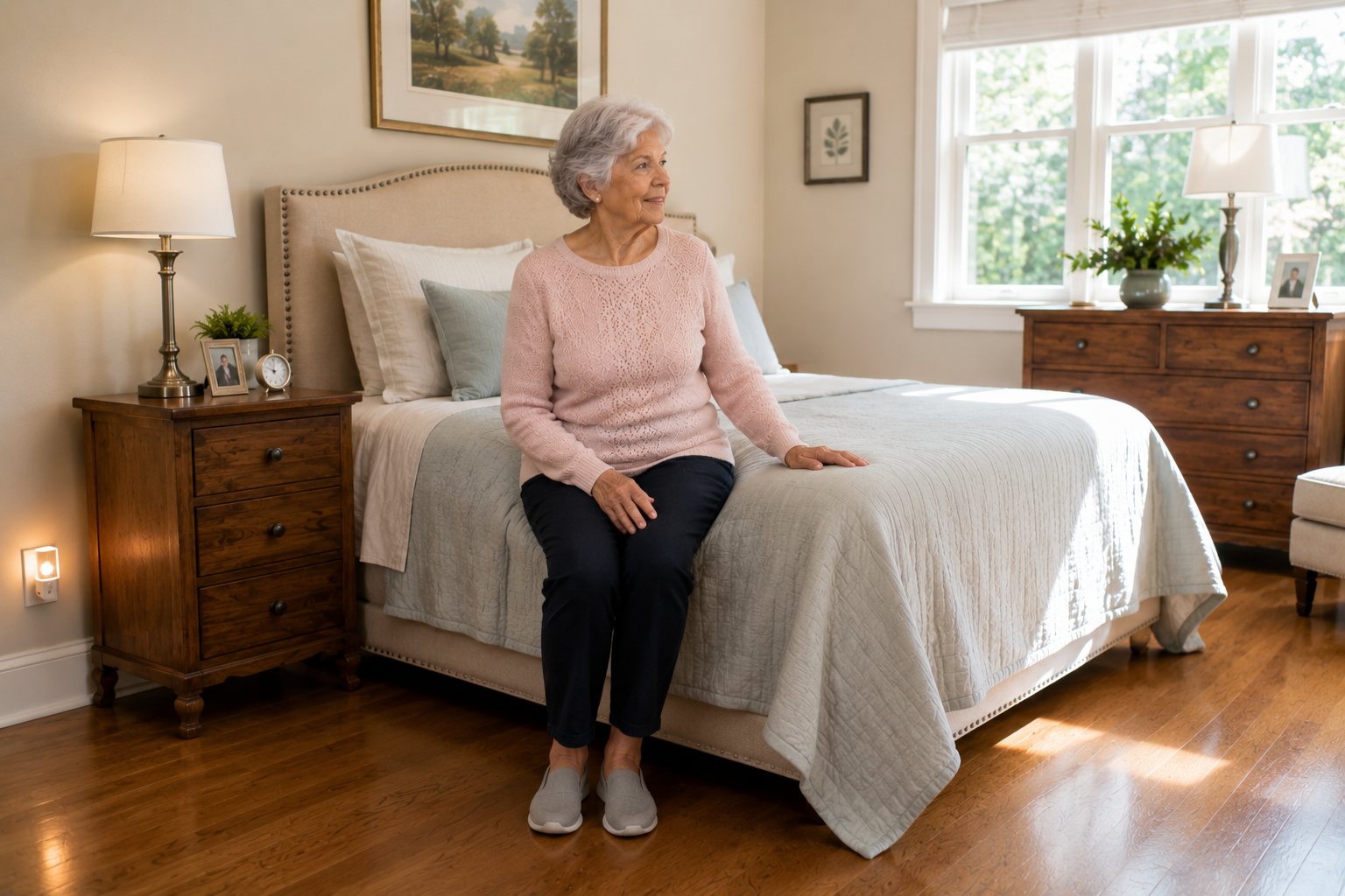 Elderly stroke survivor sitting safely on a properly height-adjusted bed with a nightlight and bedside table within reach