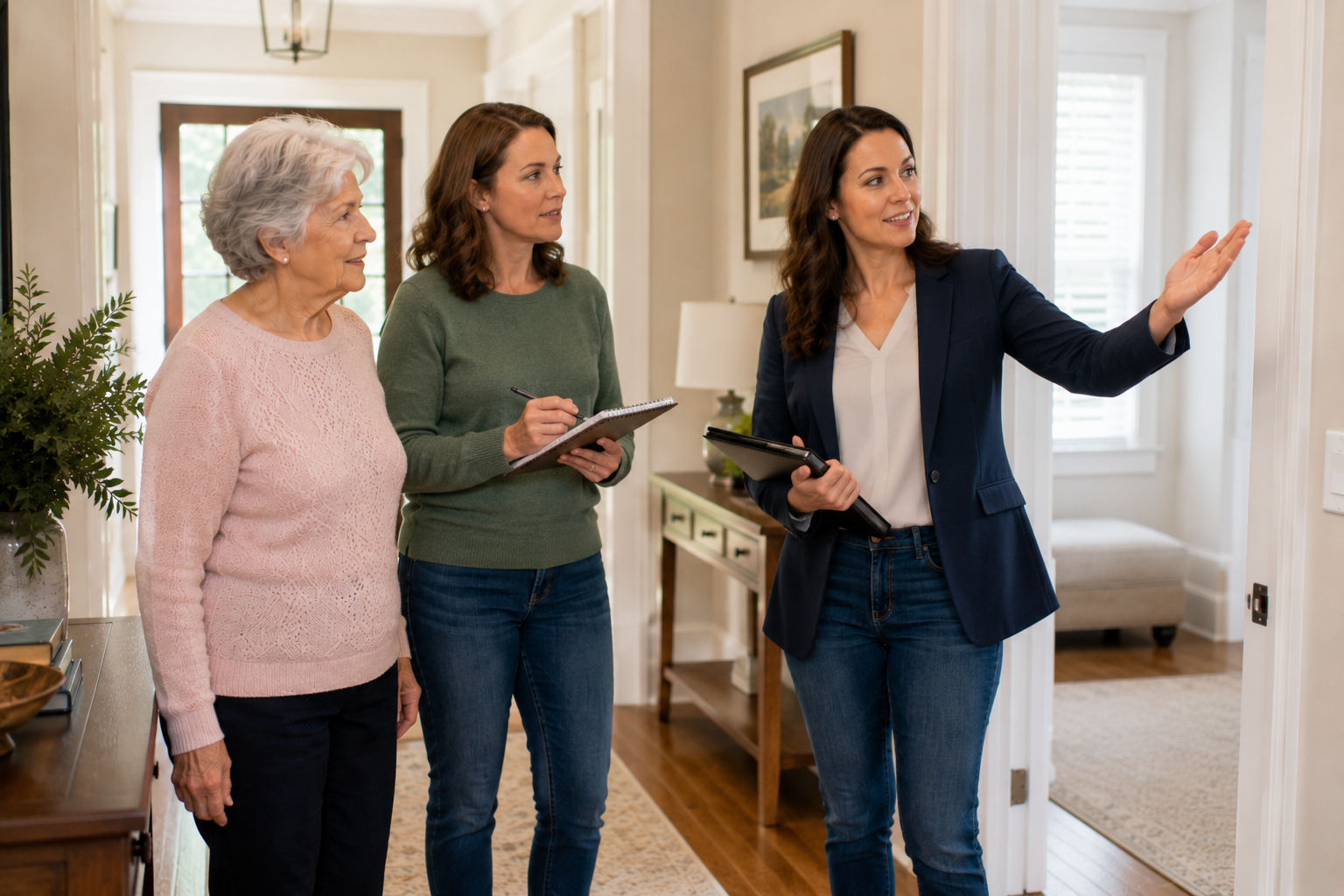 Home care professional conducting a safety assessment with an elderly stroke survivor and family caregiver at home