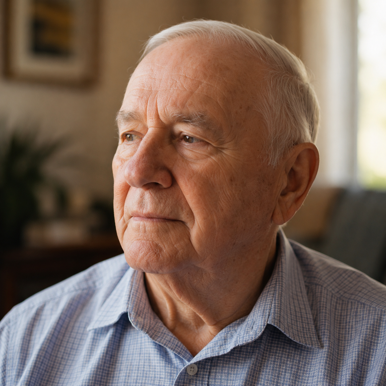 A close-up of an elderly stroke survivor's face — thoughtful, contemplative expression, looking slightly downward or into the distance. Soft, warm natural light. Calm home background, slightly blurred. No medical equipment. Photorealistic style.