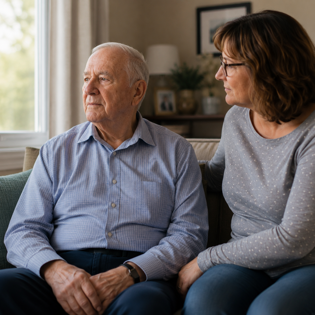 An elderly stroke survivor sitting in a home living area, looking toward a window with a mildly worried or uncertain expression — hands resting in lap, slightly tense posture. A family member sits nearby, turned toward them with a calm, reassuring presence. Soft natural light. Warm home setting. No medical equipment. Photorealistic style.