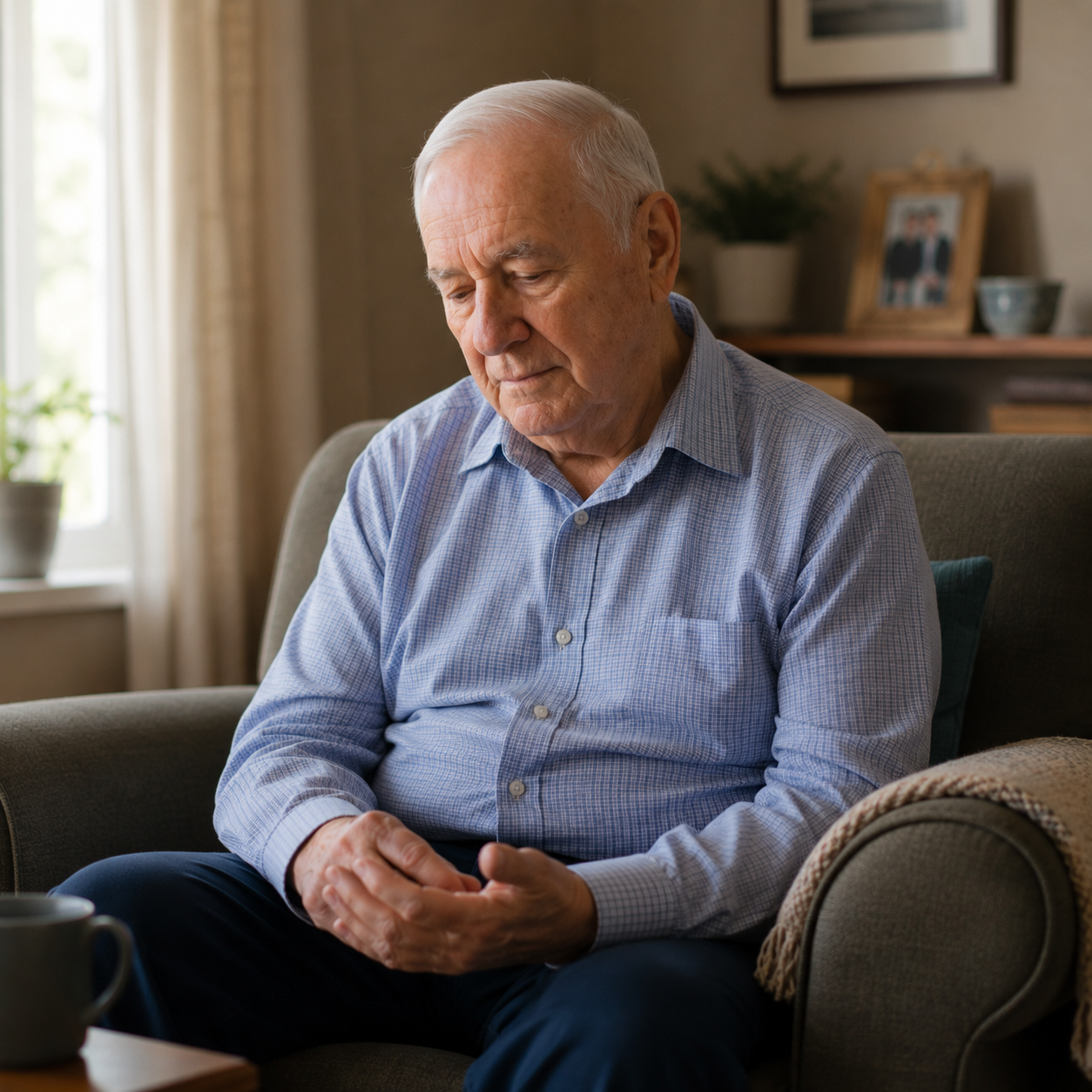 Elderly stroke survivor sitting alone at home, looking downward with a quiet, isolated expression