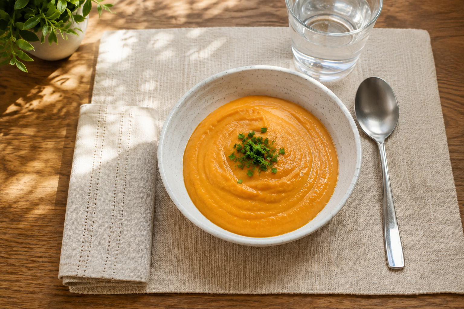 A beautifully presented bowl of puréed carrot soup garnished with fresh herbs, served with a glass of water — an appealing modified-texture meal for stroke recovery