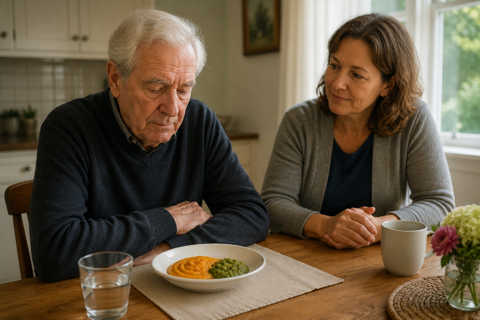Family caregiver sitting patiently beside an elderly stroke survivor who shows little interest in his modified-texture meal