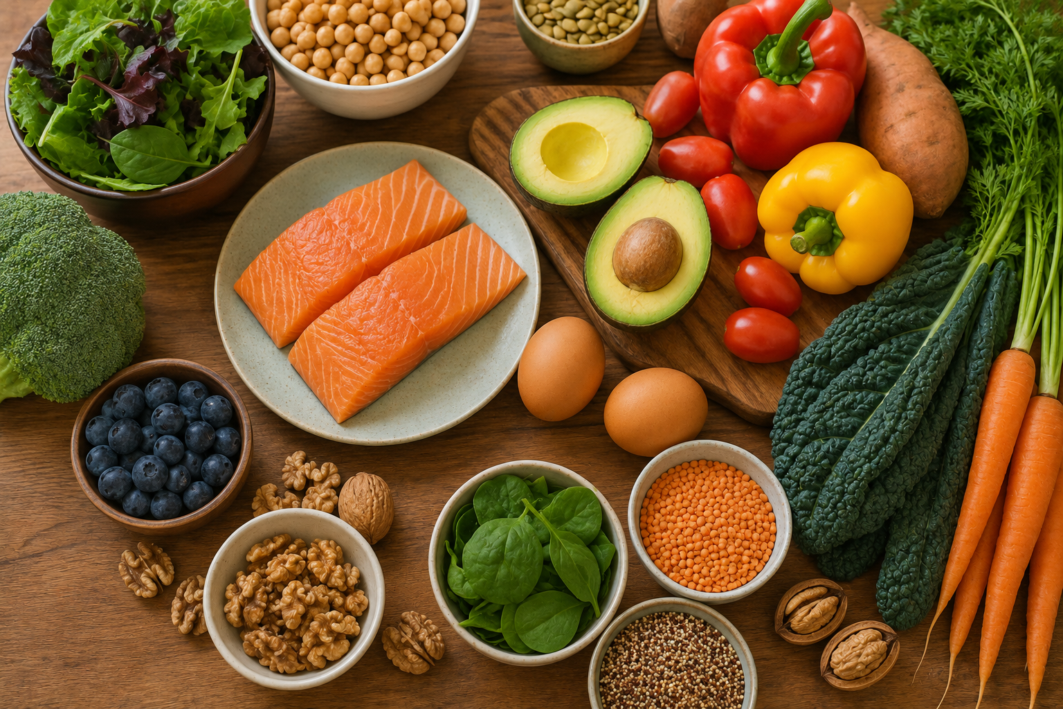 A colourful spread of nutrient-rich whole foods for stroke recovery including salmon, avocado, walnuts, eggs, leafy greens and vegetables