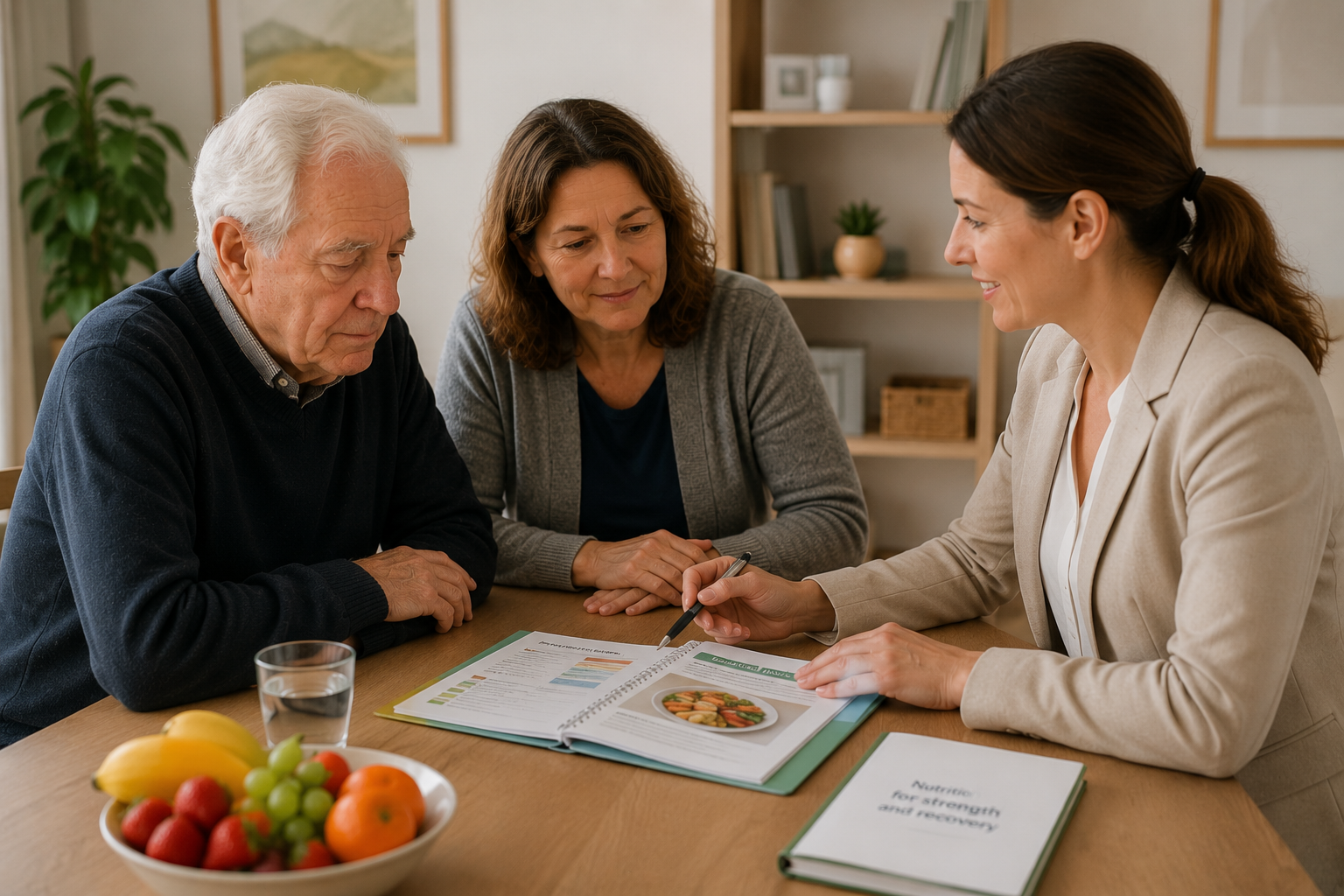 A warm, professional consultation scene — a female registered dietitian or healthcare professional sitting across a table from an elderly stroke survivor and a family caregiver, reviewing notes or a meal plan together. Relaxed, collaborative atmosphere. Bright, neutral setting — could be a home or clinic. Natural light. No medical equipment. Photorealistic style.