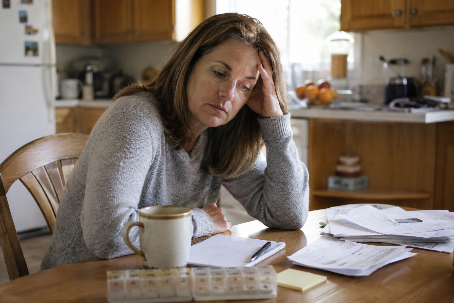 Exhausted female family caregiver sitting alone at the kitchen table surrounded by papers and a medication organizer, showing signs of caregiver burnout