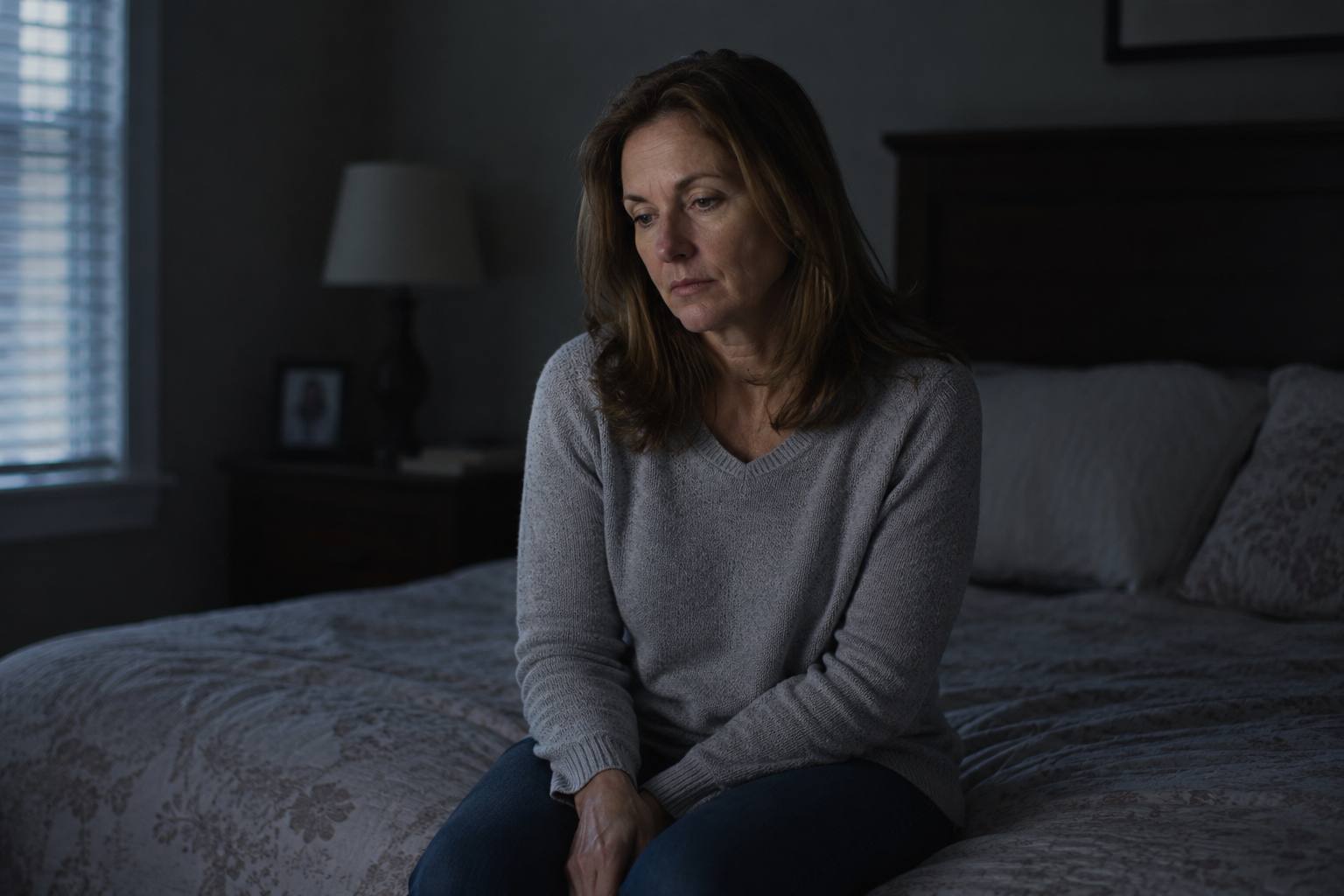 Exhausted female family caregiver sitting alone on the edge of a bed in a darkened room, showing signs of physical and emotional burnout