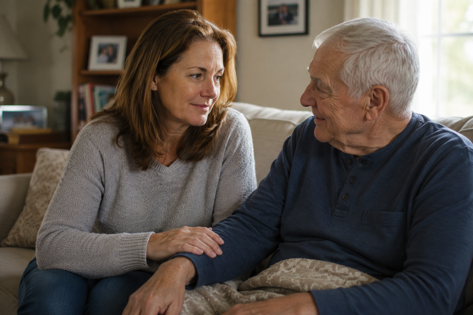 Tired family caregiver sharing a quiet moment of connection with an elderly stroke survivor on the sofa at home