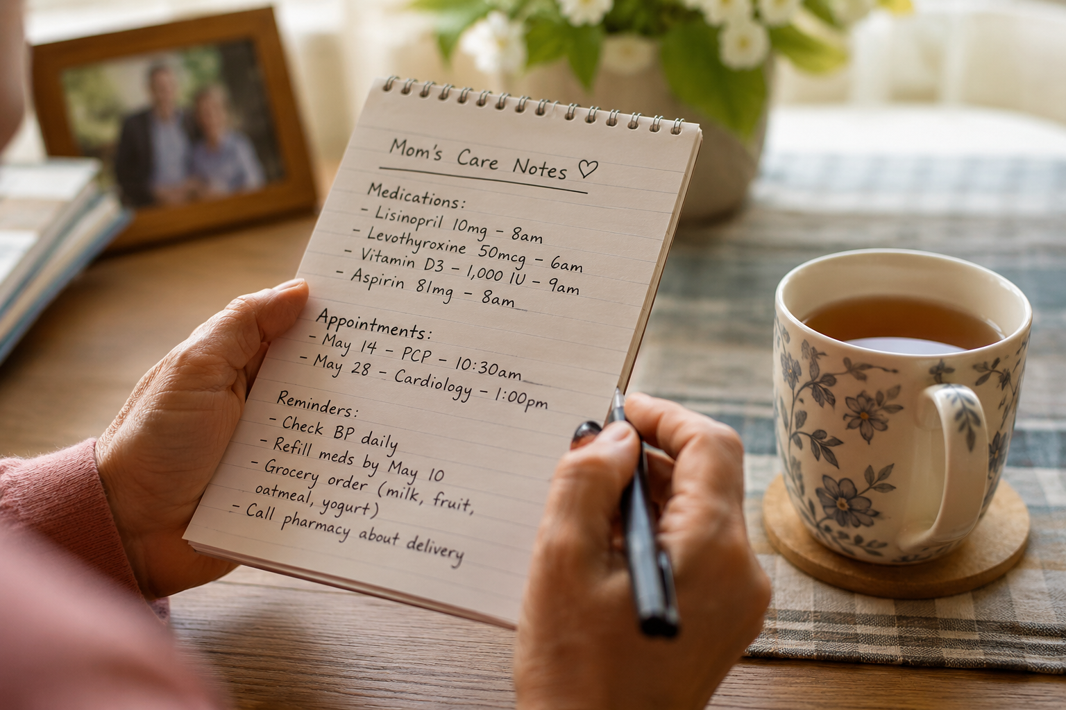Family caregiver holding a handwritten care notebook with medication schedules, appointments and reminders for an elderly parent