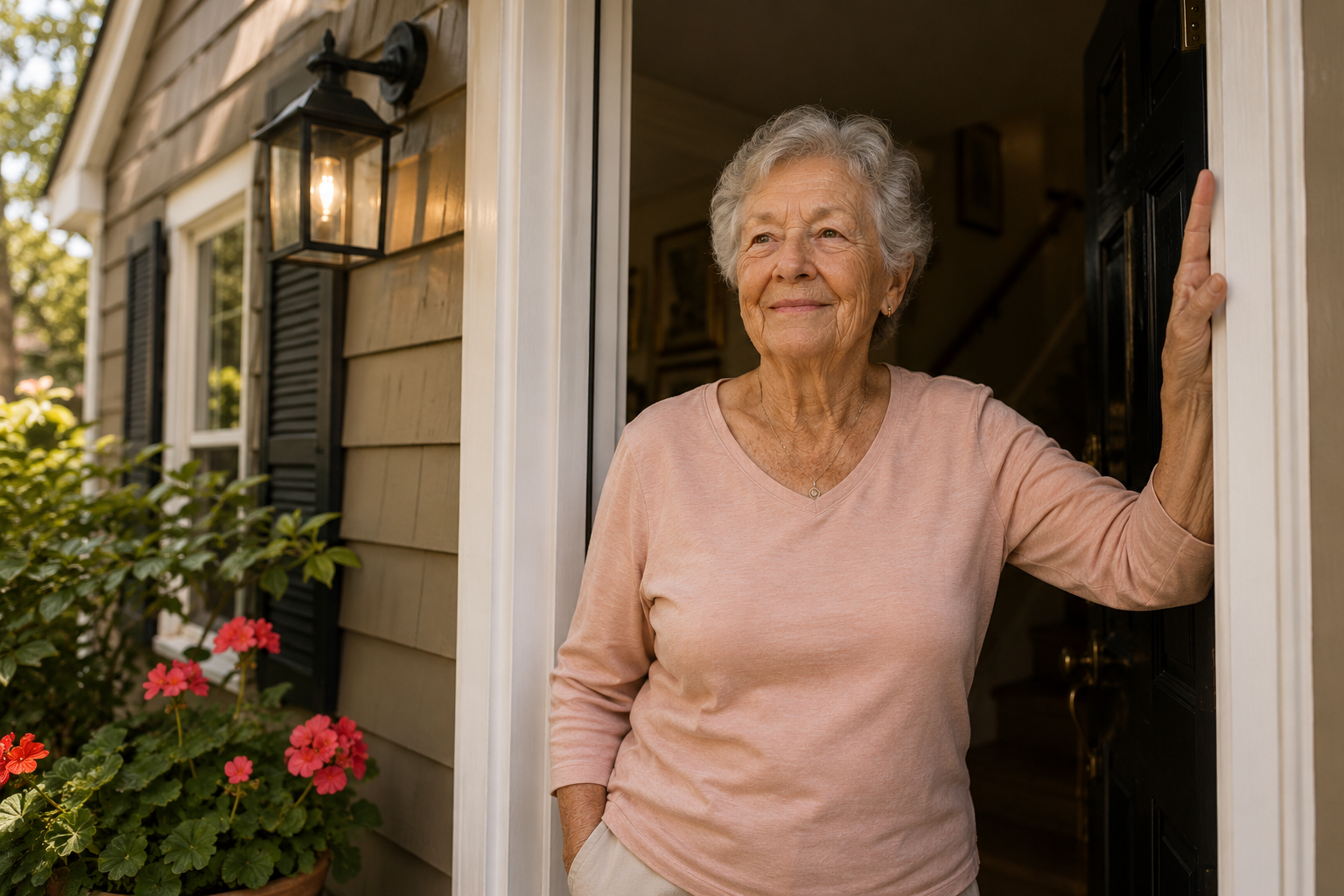 Elderly senior woman standing confidently at the front door of her own home, looking out with a calm and settled expression