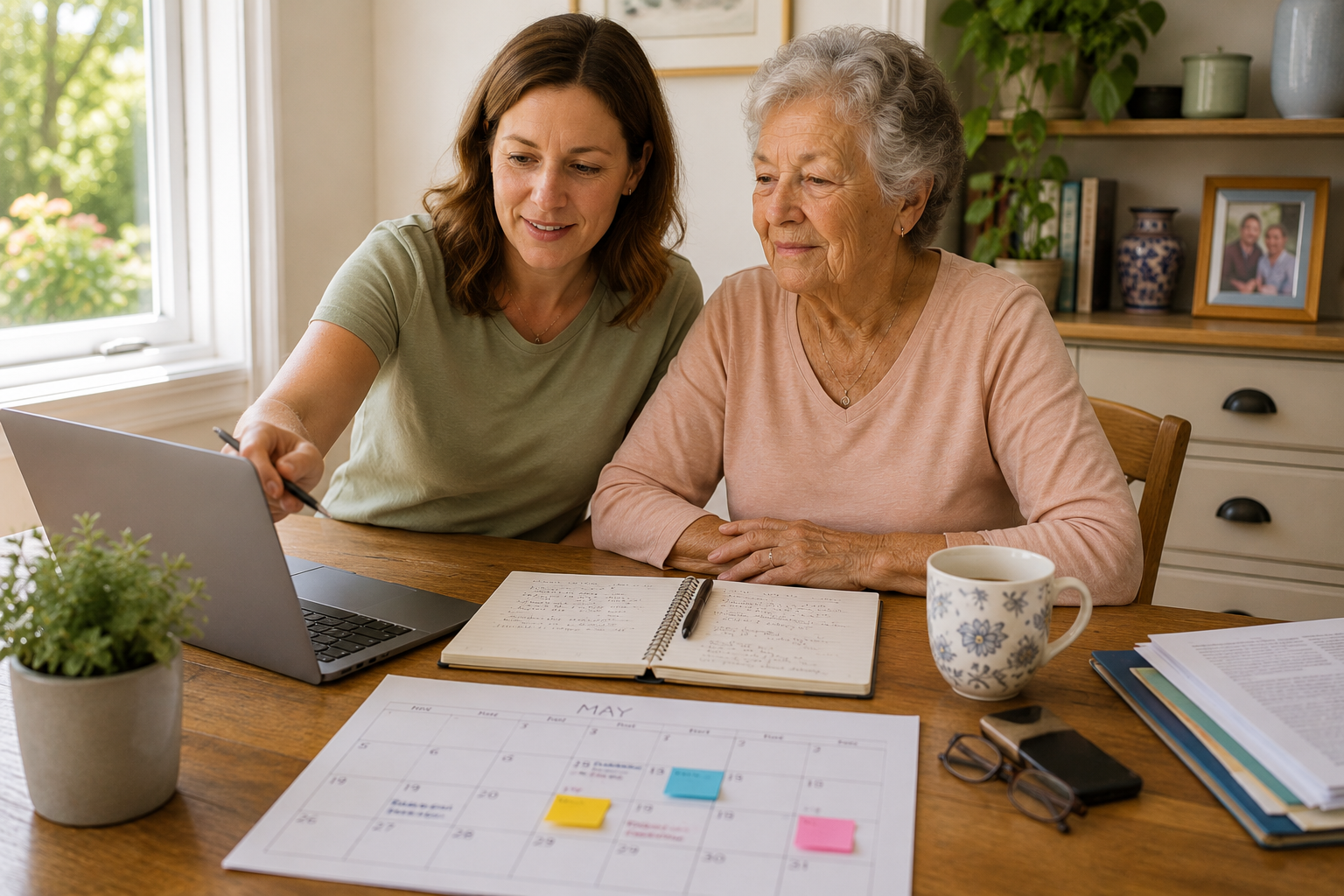 Adult daughter and elderly mother planning long-term care together at the kitchen table with a notebook, calendar and laptop
