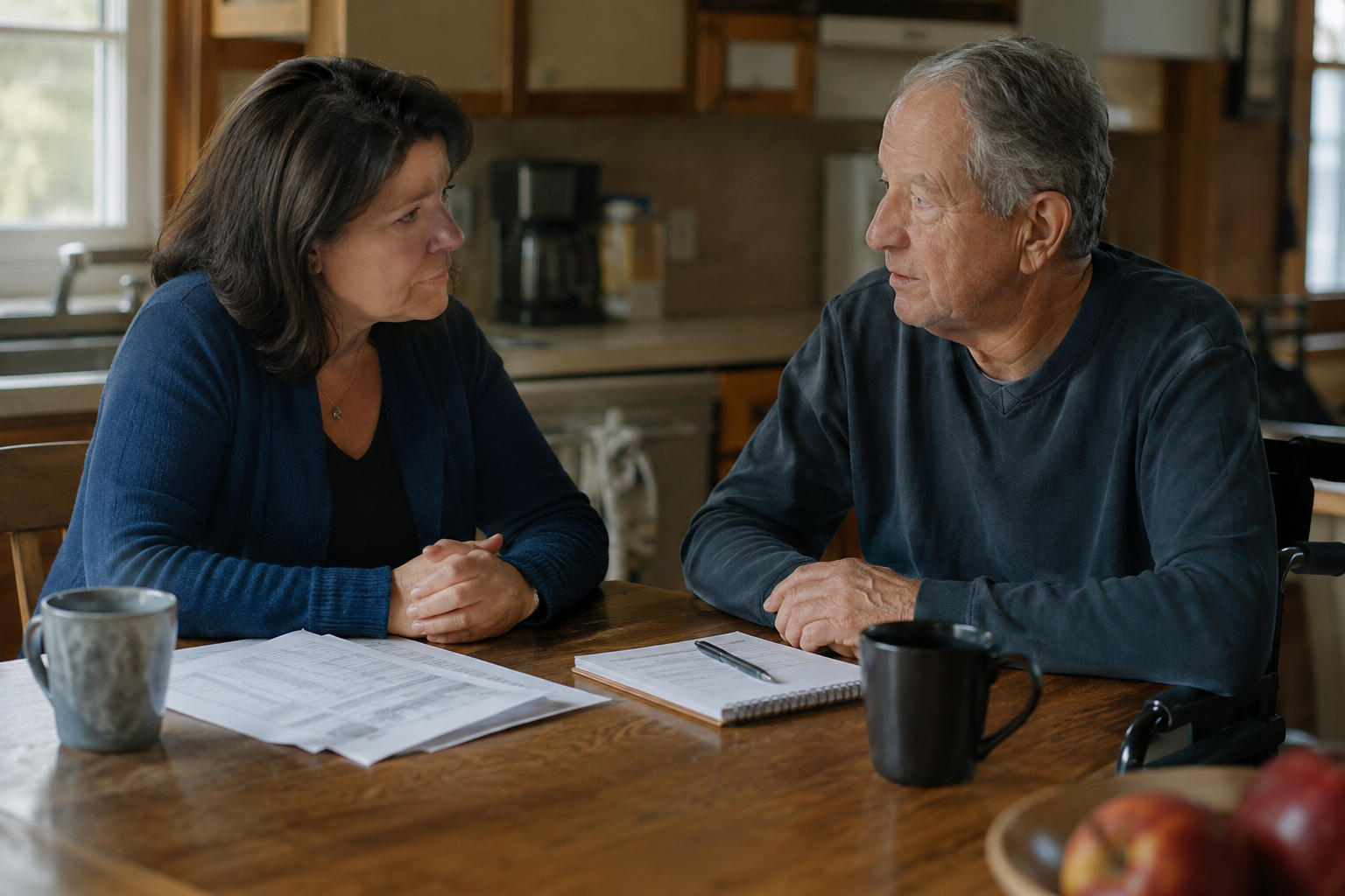 Adult daughter and elderly stroke survivor having a serious conversation about care needs at the kitchen table