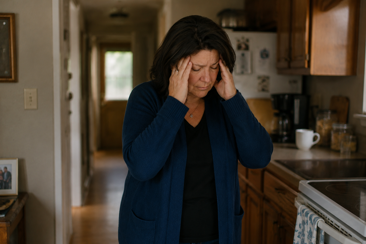 Overwhelmed family caregiver standing in the kitchen with hands on her temples, showing signs she has reached her limit