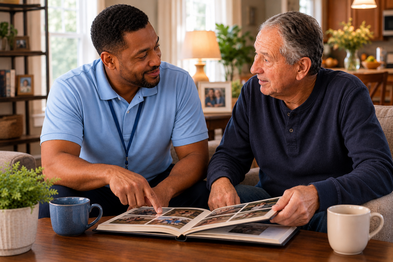 Professional companion caregiver looking through a photo album with an elderly stroke survivor at home