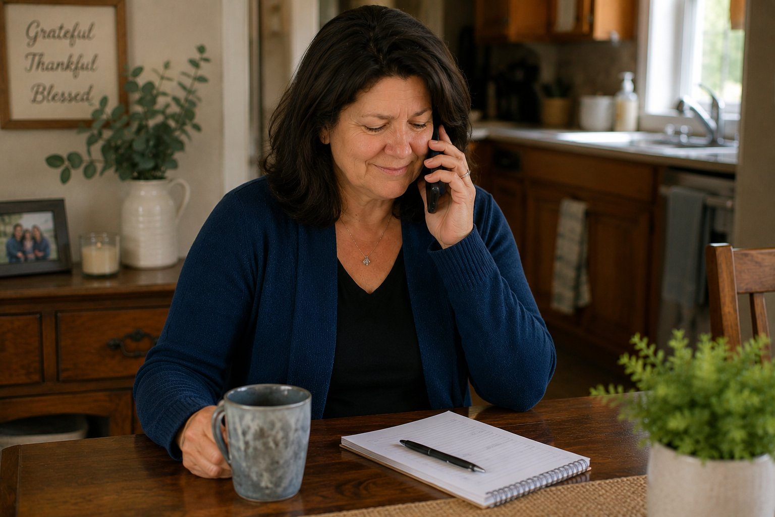 Family caregiver making a phone call to arrange professional in-home care for a stroke survivor at home