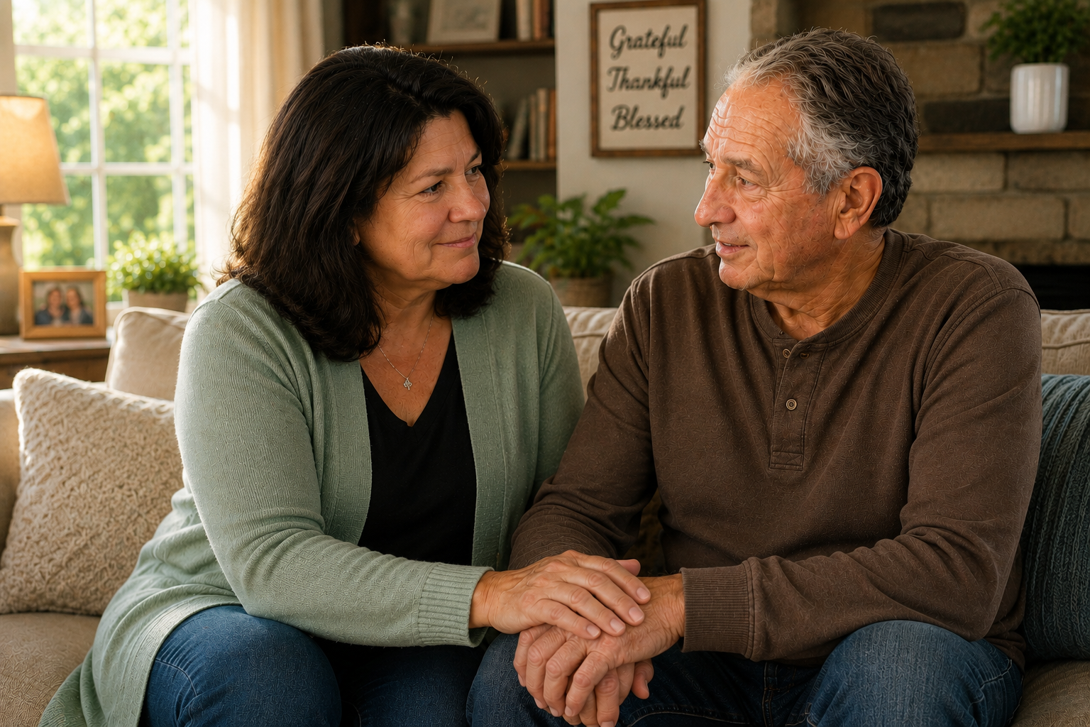 Family caregiver and elderly stroke survivor sitting together on the sofa at home, holding hands and sharing a calm, connected moment
