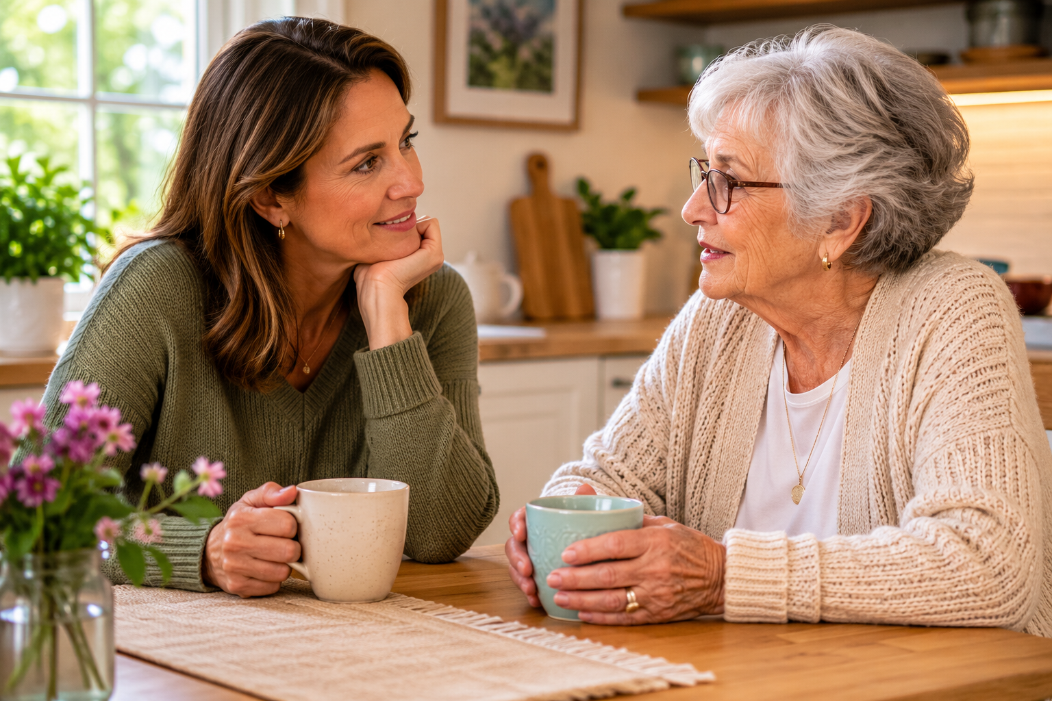 adult-daughter-aging-mother-conversation-kitchen-table.jpg Adult daughter and elderly mother having a warm, open conversation over coffee at the kitchen table