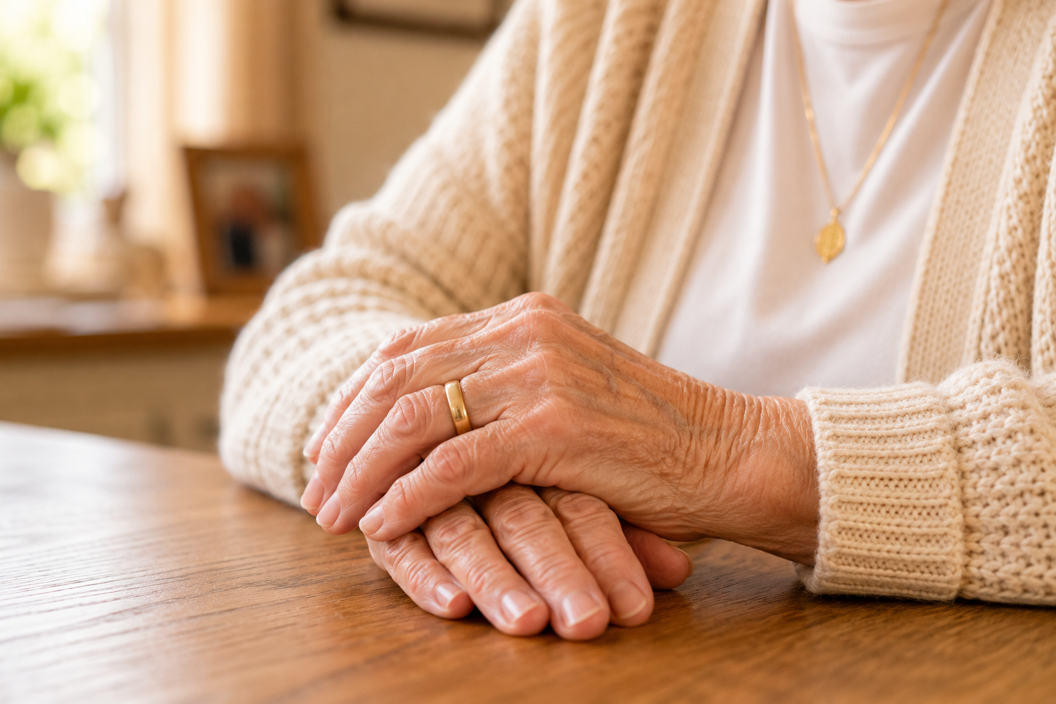 Close-up of an elderly woman's hands resting quietly on a table, wedding ring visible, conveying dignity and lived experience