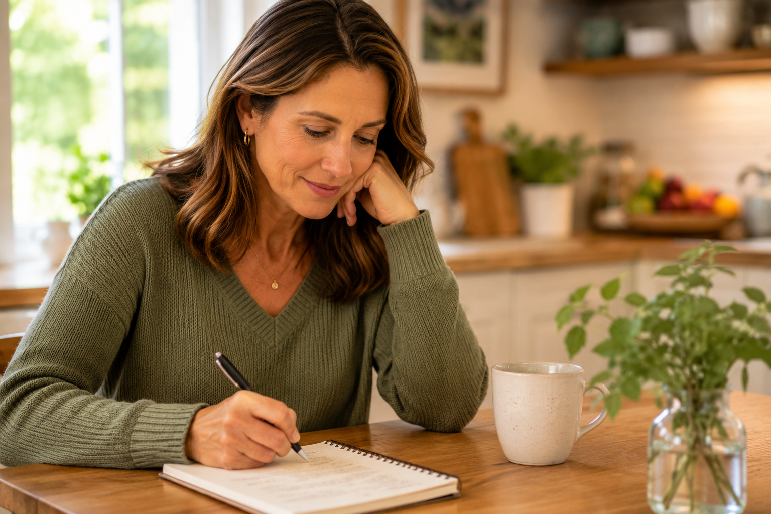 An adult child sitting alone at a kitchen table or desk, notepad open in front of them, pen in hand — writing notes or thinking quietly before a conversation. A cup of tea or coffee nearby. Calm, focused expression. Warm natural light. Quiet home setting. No one else in the frame. Photorealistic style.