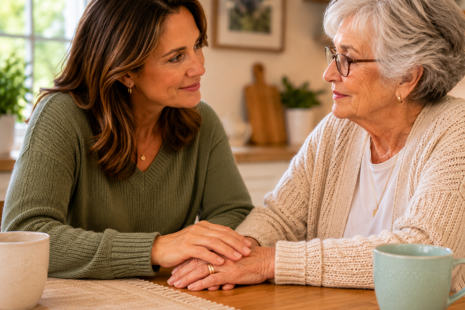 Adult daughter holding her elderly mother's hands across the kitchen table in a warm, loving gesture during an important conversation