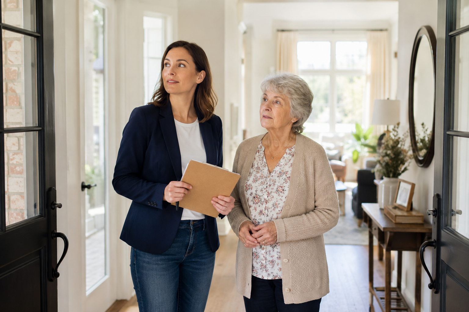 Adult daughter and elderly mother standing at the entrance of their home, assessing the space for senior safety with a clipboard
