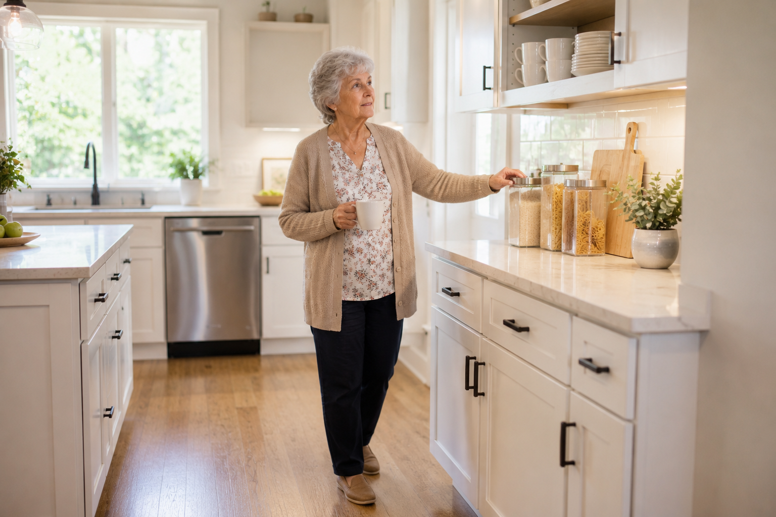 Elderly senior woman moving confidently through a bright, well-organized kitchen with items stored at counter height and clear, unobstructed floors
