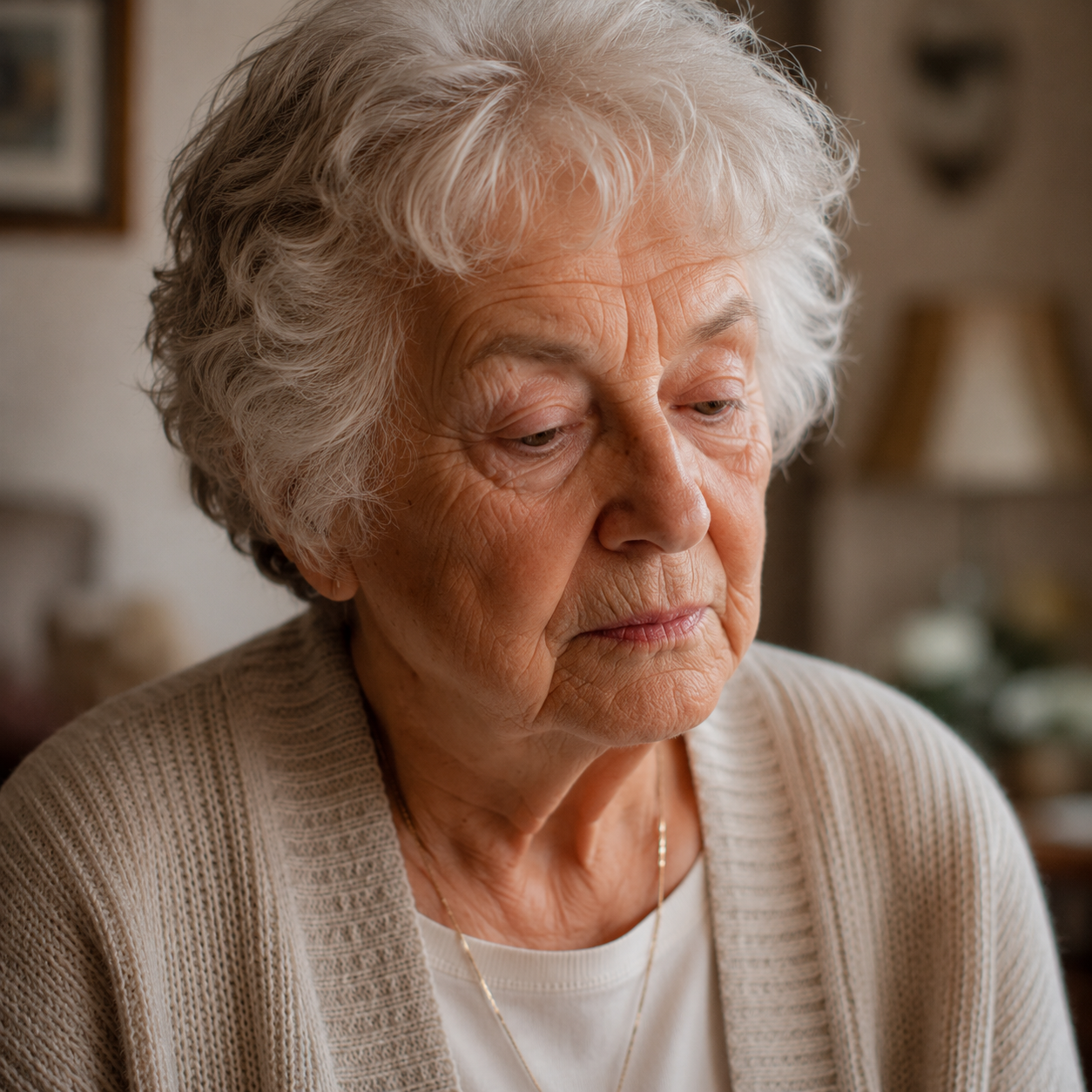 Close-up portrait of an elderly woman with a tired, withdrawn expression looking downward, conveying the emotional toll of loneliness
