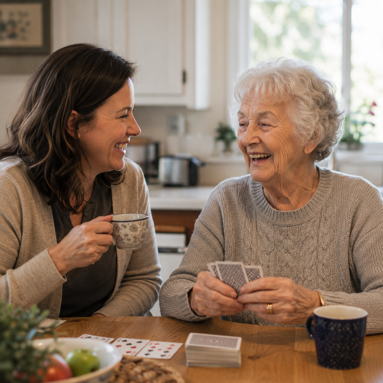 Companion caregiver and elderly senior woman laughing together over a card game at the kitchen table
