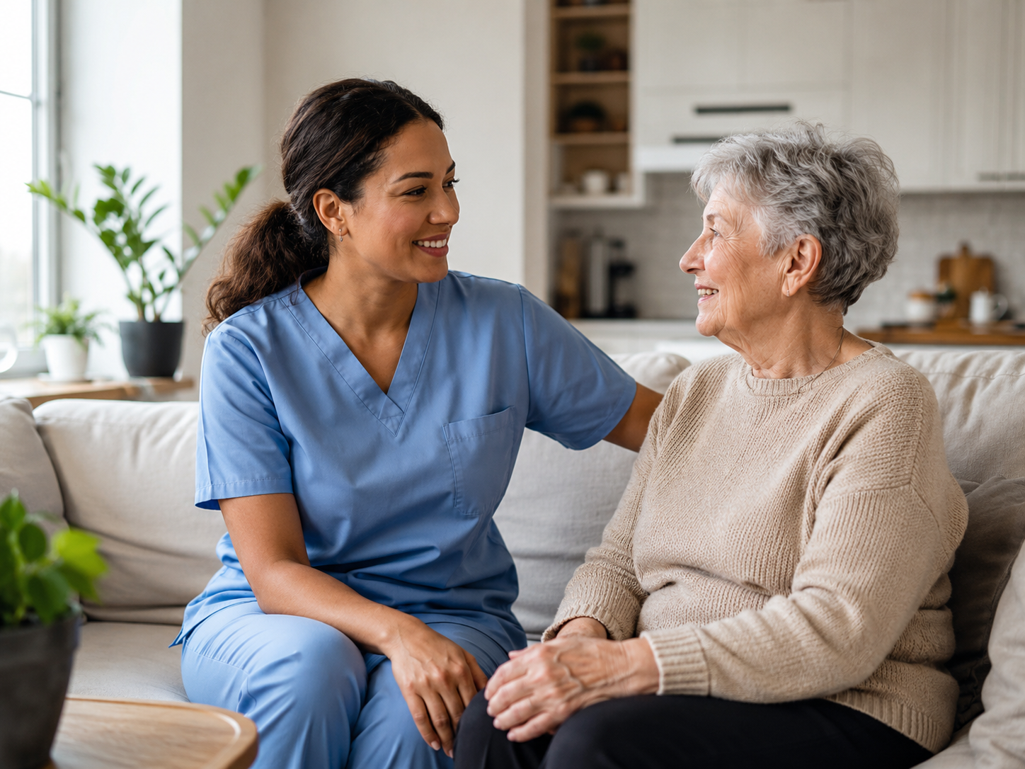 Professional PSW caregiver in blue scrubs sitting beside an elderly senior on a sofa at home, both smiling warmly