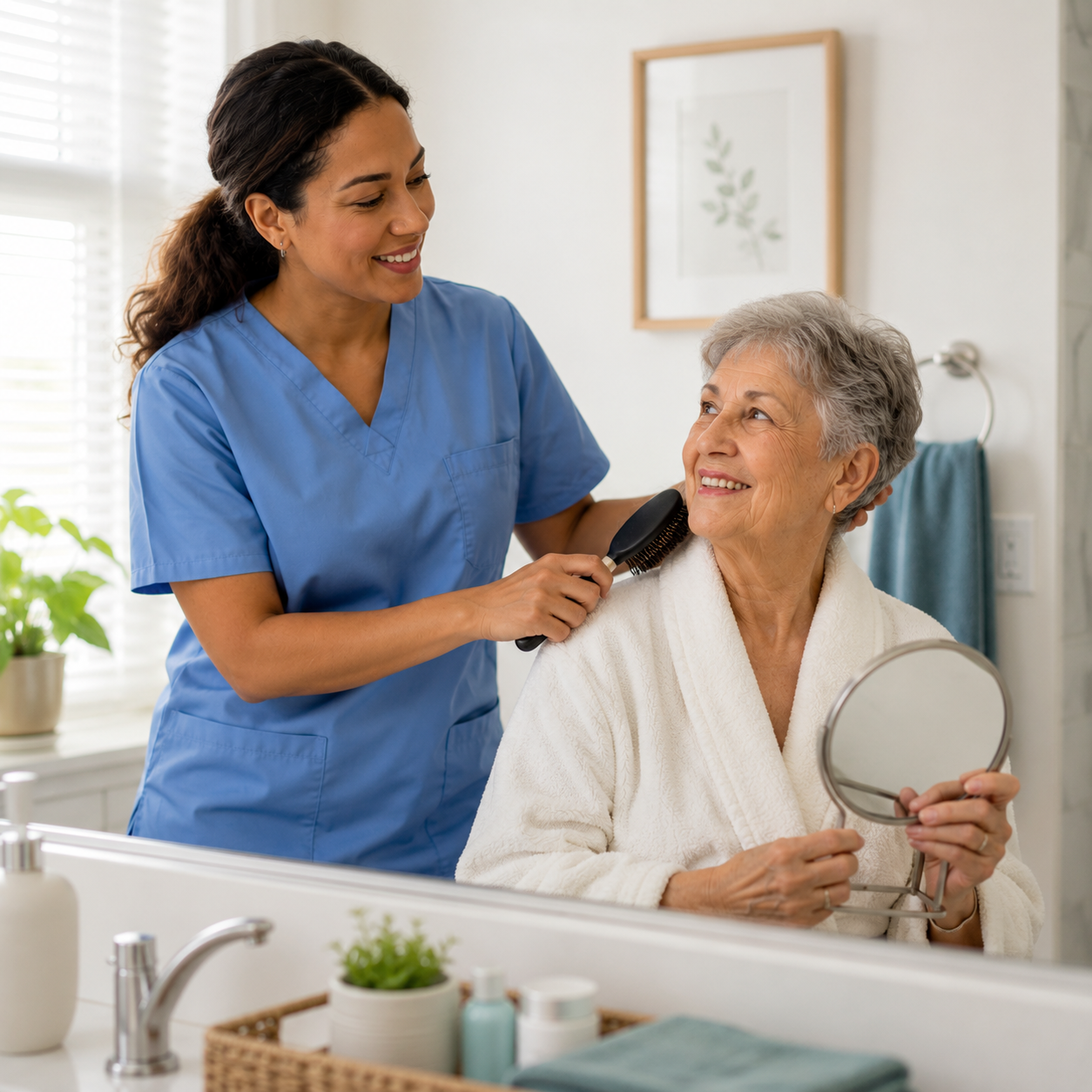 PSW caregiver gently brushing an elderly senior's hair in a bright bathroom, both smiling warmly
