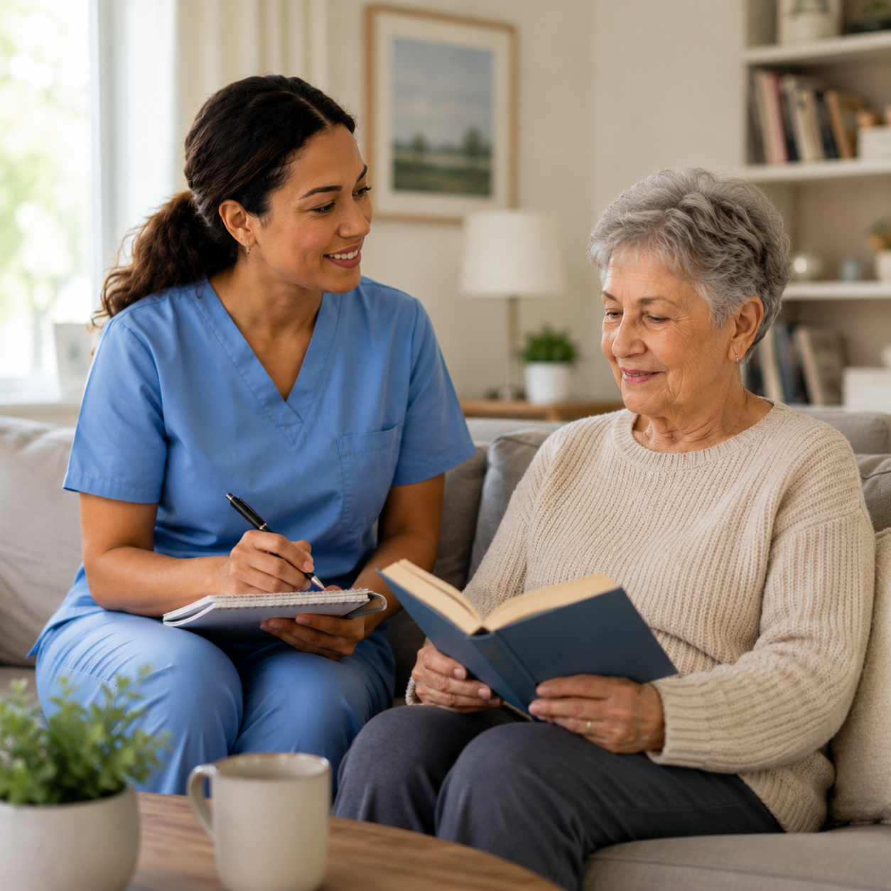 PSW caregiver taking notes beside an elderly senior who reads comfortably on the sofa at home