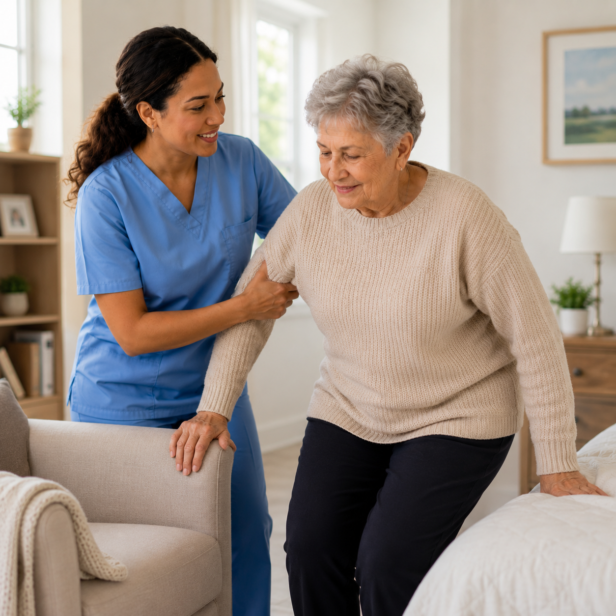 PSW caregiver gently assisting an elderly senior to stand from a chair, providing safe mobility support at home
