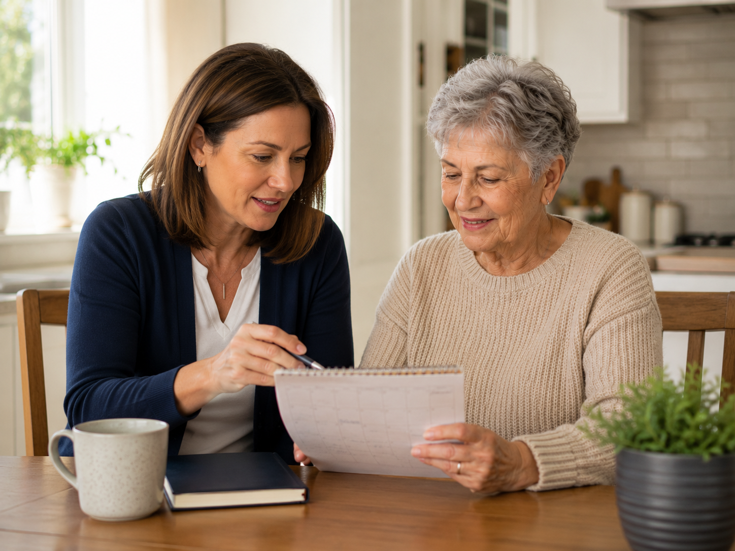 Adult daughter and elderly mother reviewing care planning documents together at the kitchen table
