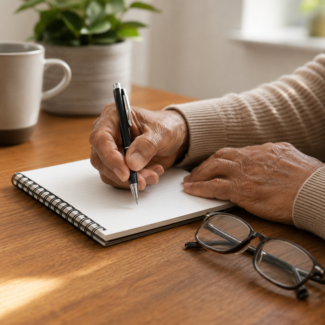 Close-up of an elderly person's hands writing in a blank notepad with a pen, glasses and coffee mug nearby
