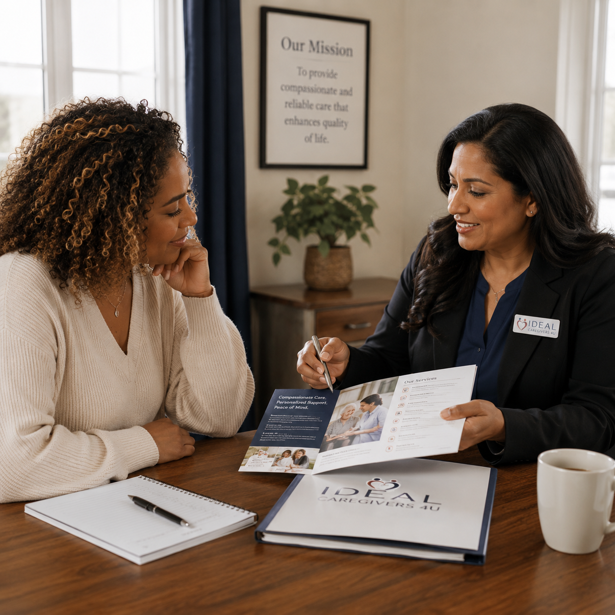 Ideal Caregivers 4U care consultant reviewing services with a family caregiver during an in-home care planning consultation
