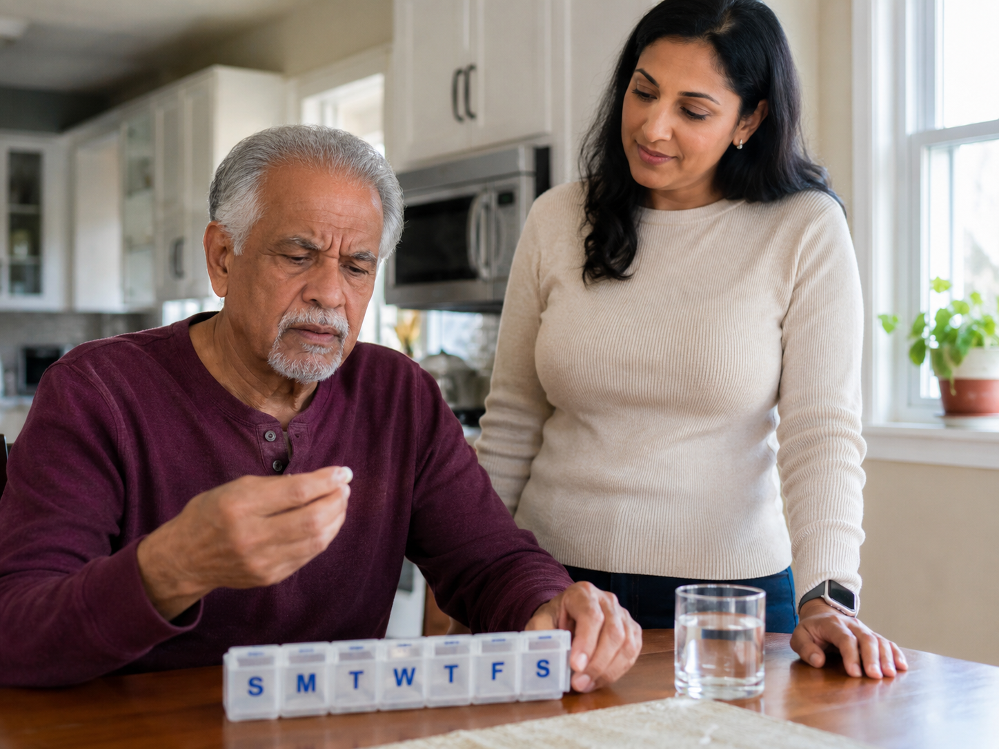 Elderly man looking uncertainly at a pill from his weekly medication organizer while his adult daughter watches attentively at the kitchen table