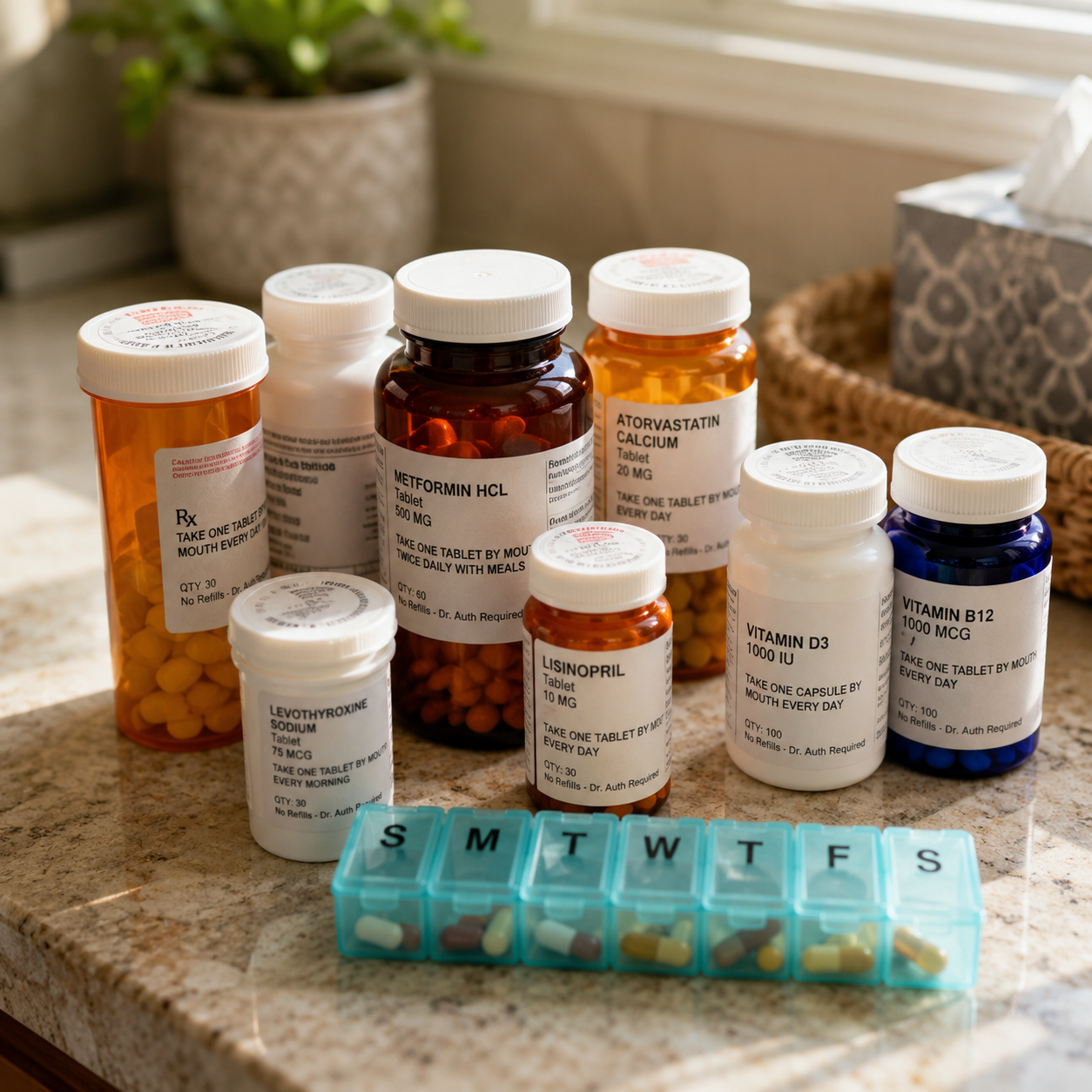 Multiple prescription medication bottles and a weekly pill organizer on a kitchen counter, illustrating the complexity of senior medication management
