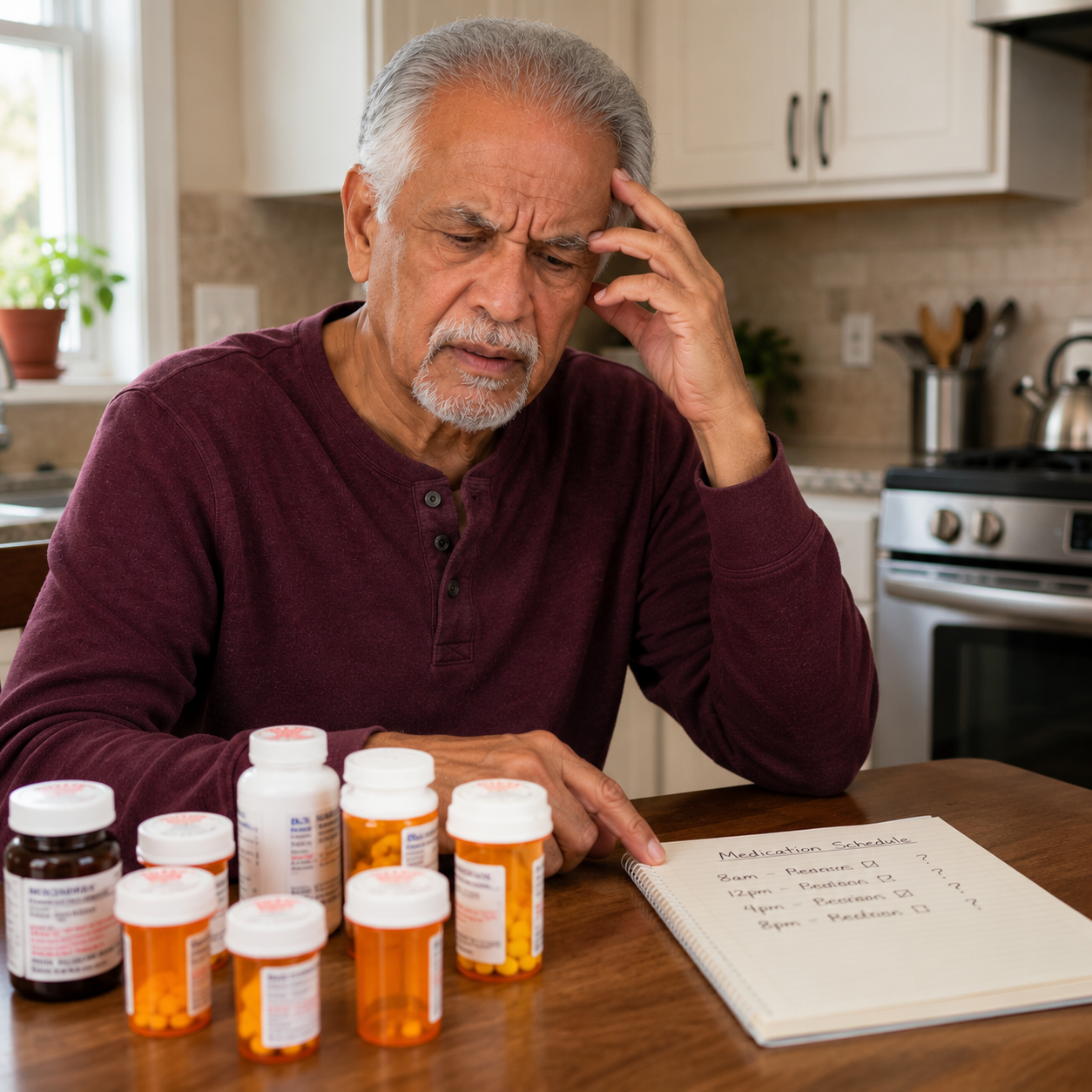 Elderly man sitting alone at the kitchen table looking overwhelmed by multiple prescription medications and a handwritten medication schedule
