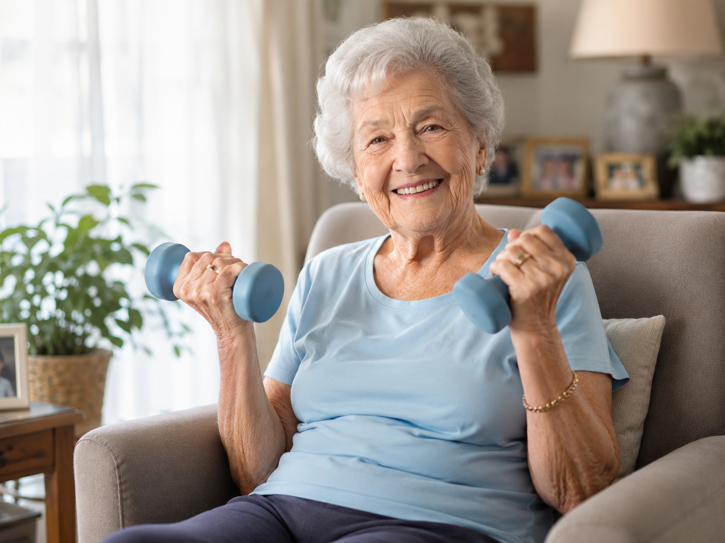 senior-woman-lifting-hand-weights-at-home.jpg Smiling senior woman in her 80s lifting small blue hand weights while seated in an armchair at home