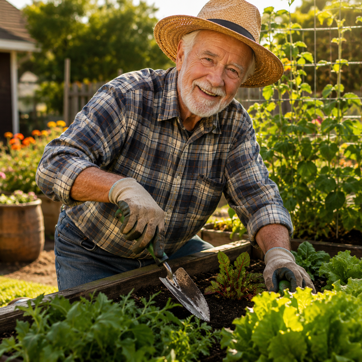 Smiling senior man in a straw hat tending raised vegetable garden beds with a trowel on a sunny summer morning