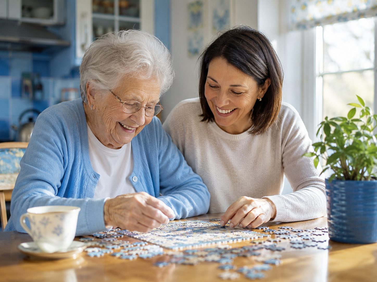 Smiling senior woman and her adult daughter working on a jigsaw puzzle together at a sunny kitchen table