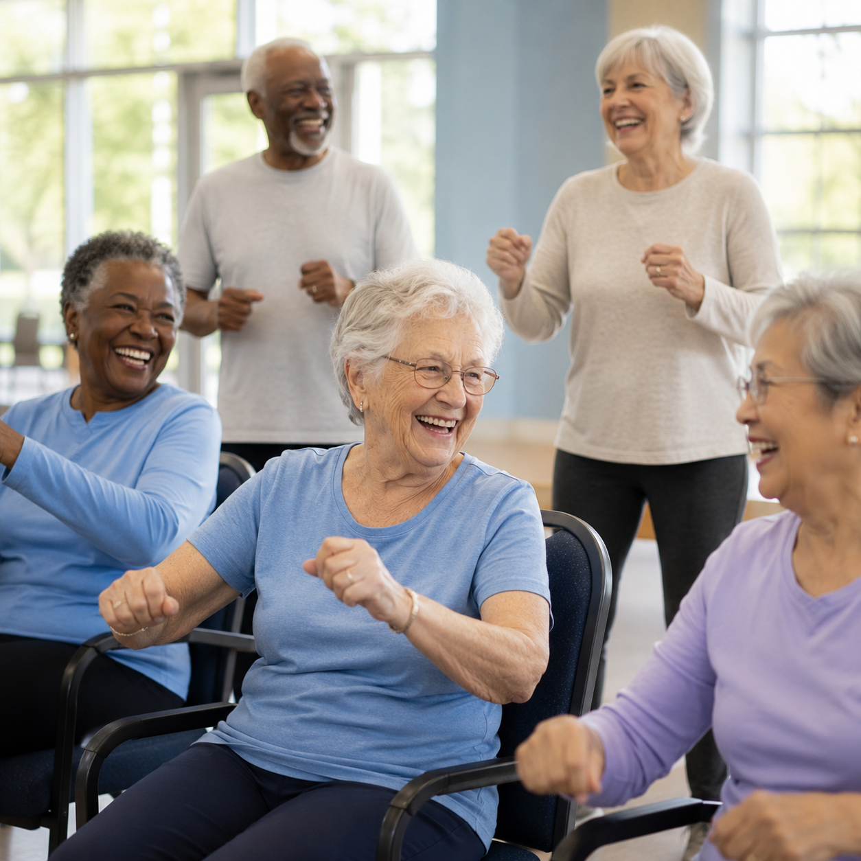 Group of smiling seniors doing a gentle exercise class together in a bright community centre, some seated and some standing
