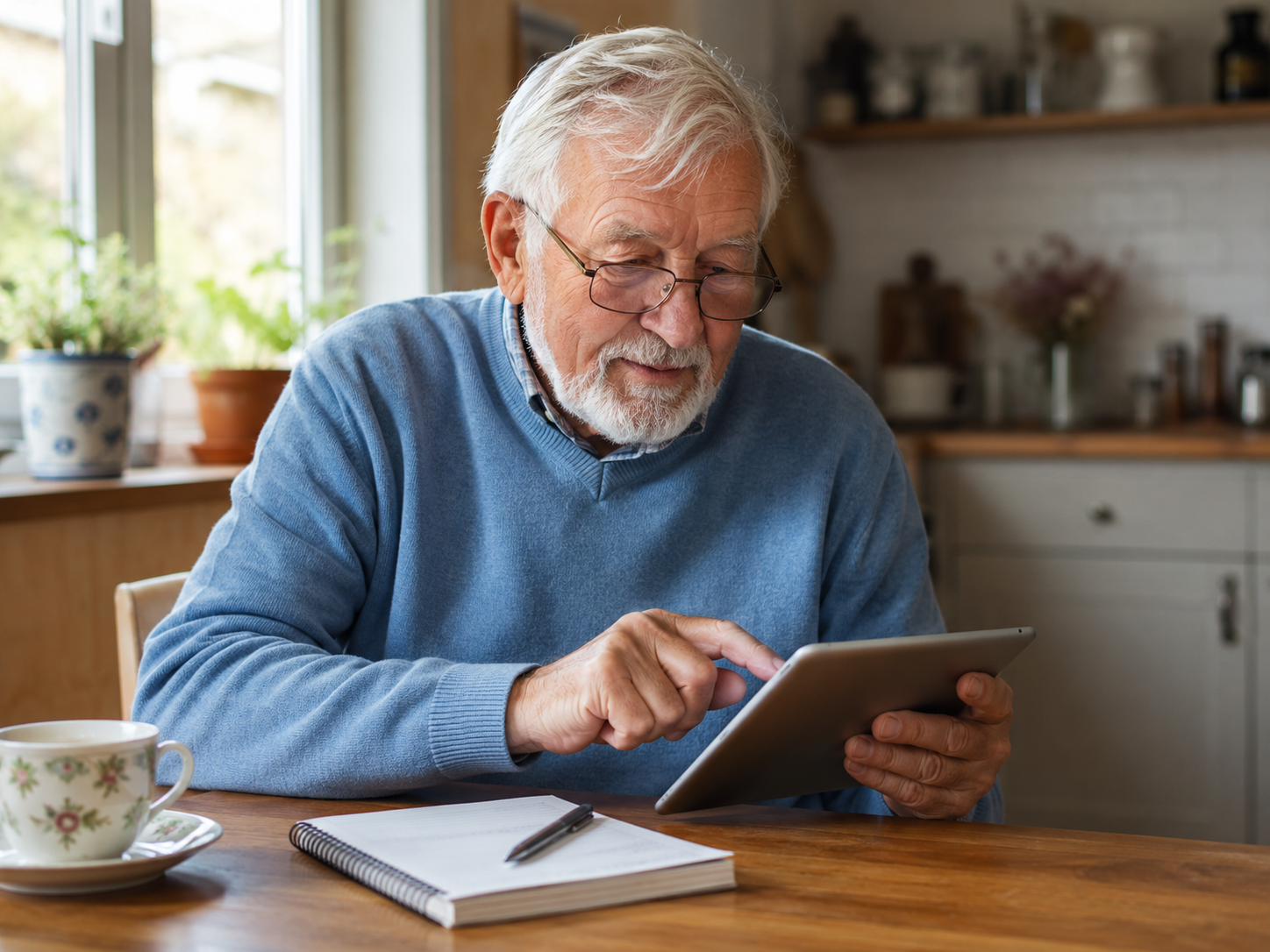 senior-man-learning-tablet-brain-health.jpg Senior man in reading glasses learning to use a tablet at his kitchen table, with a notebook and tea beside him