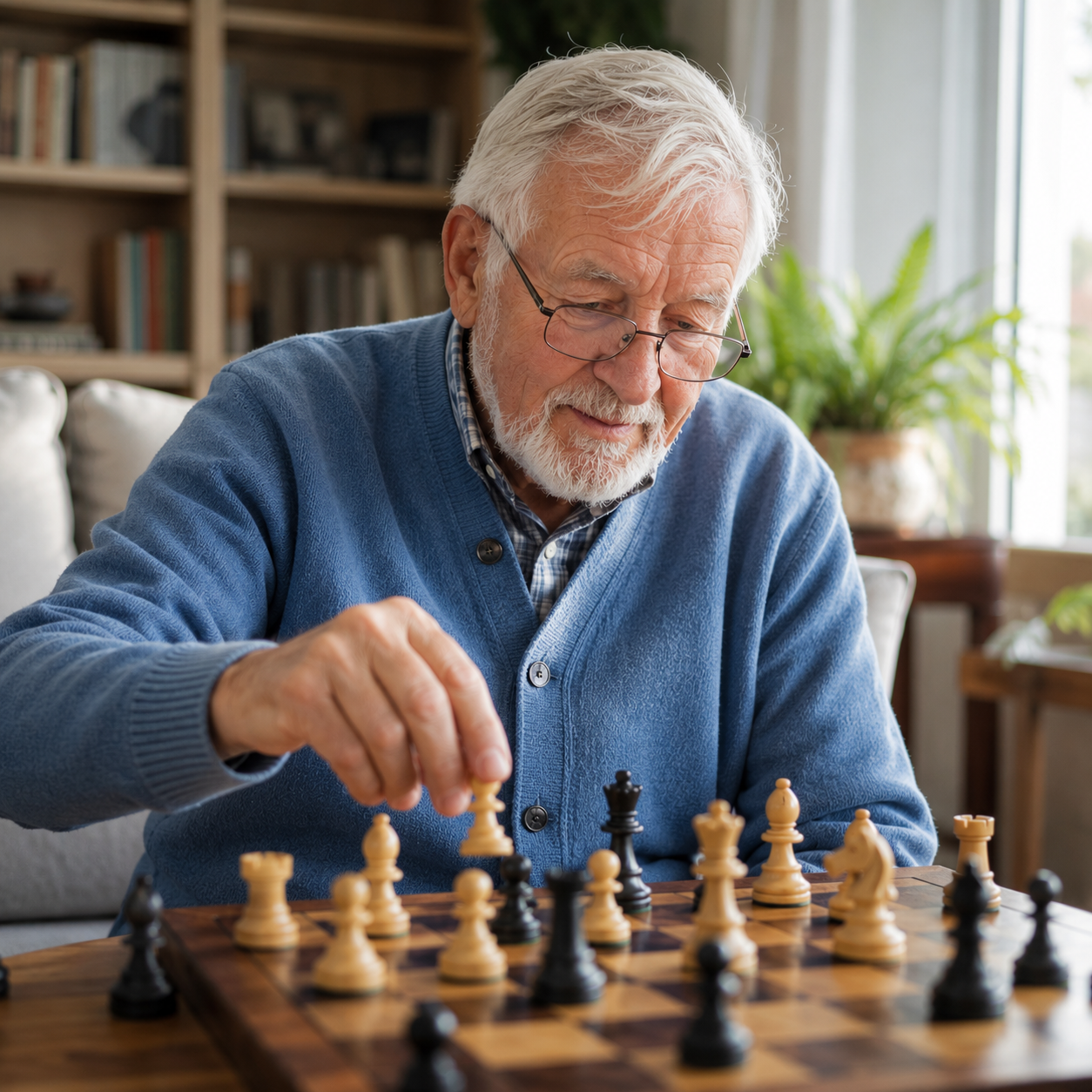 Senior man in glasses concentrating over a chess board, moving a piece during a game at home