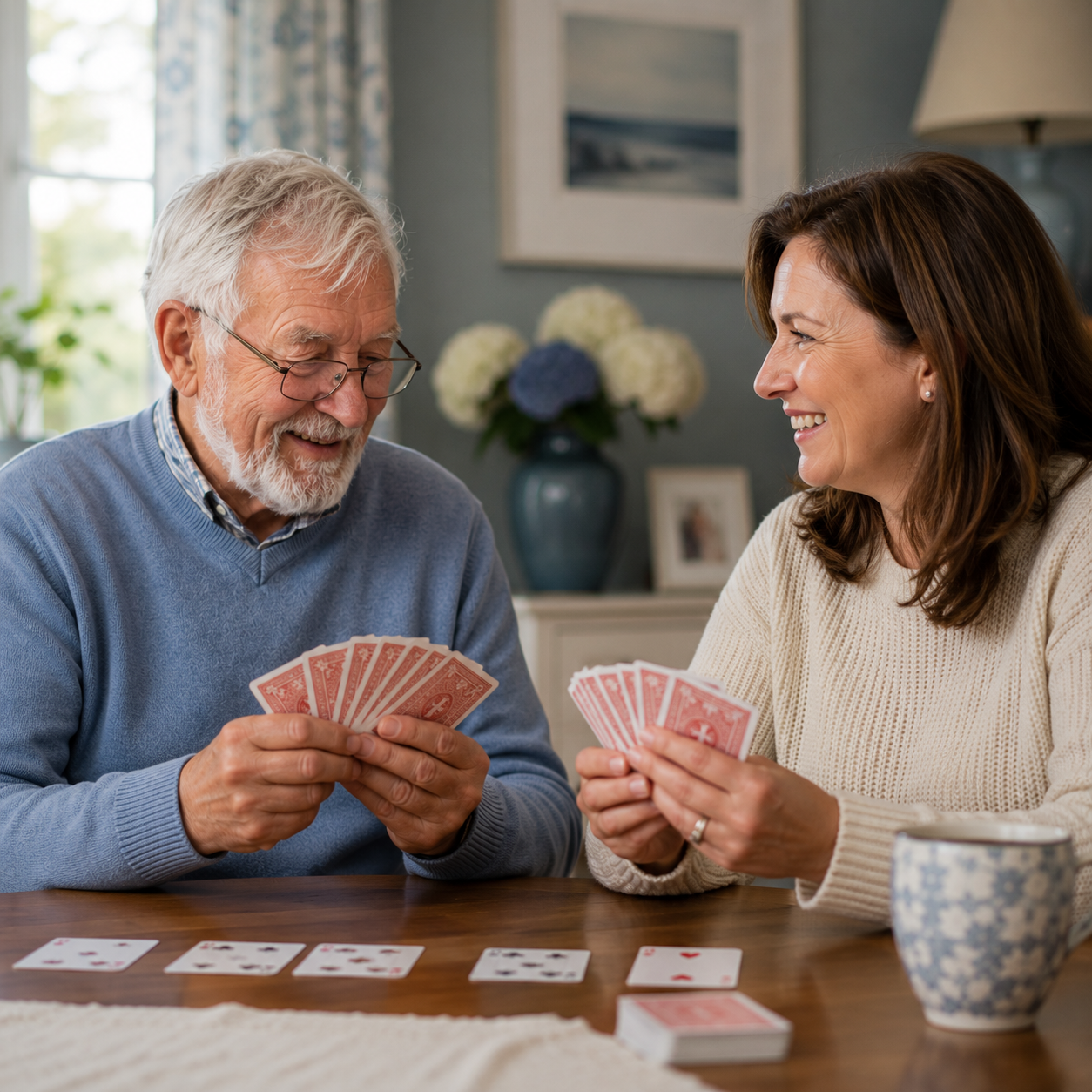 Smiling senior man playing a card game at the dining table with his adult daughter