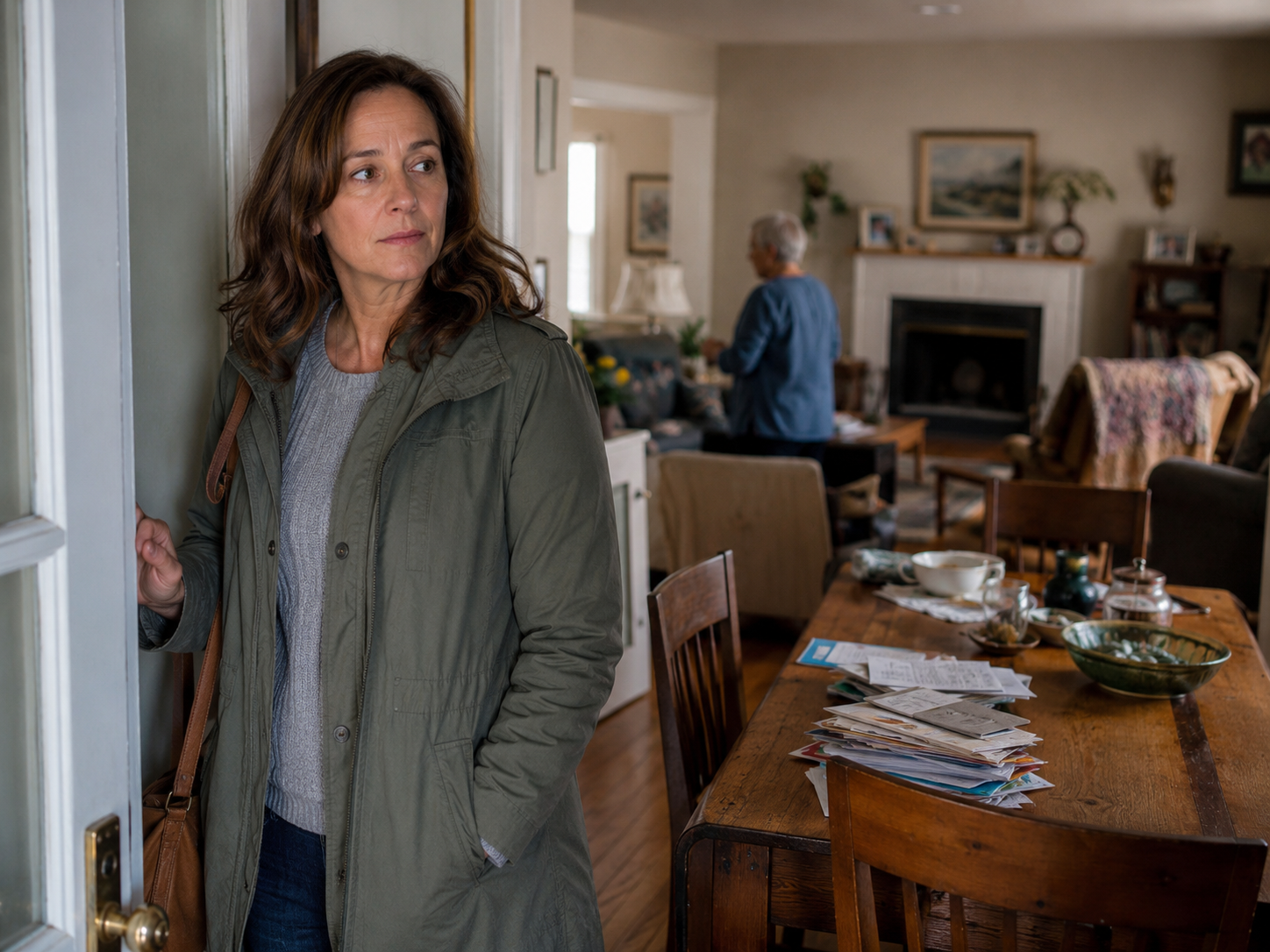 Adult daughter pausing at the doorway of her aging parent's home, noticing a pile of unopened mail and dishes on the table with a quietly concerned expression