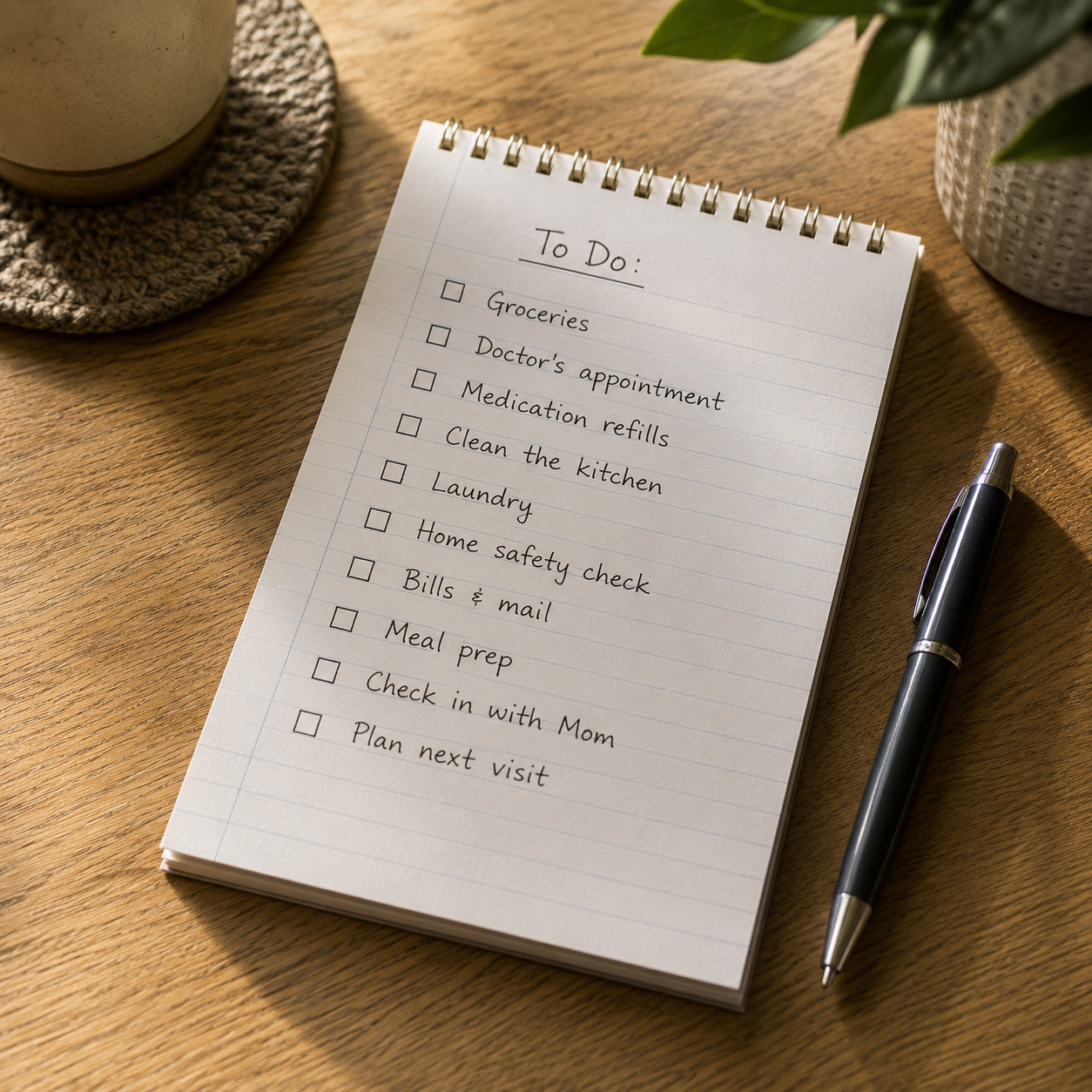 A handwritten to-do checklist on a notepad covering senior care tasks including groceries, medication refills, home safety check and meal prep