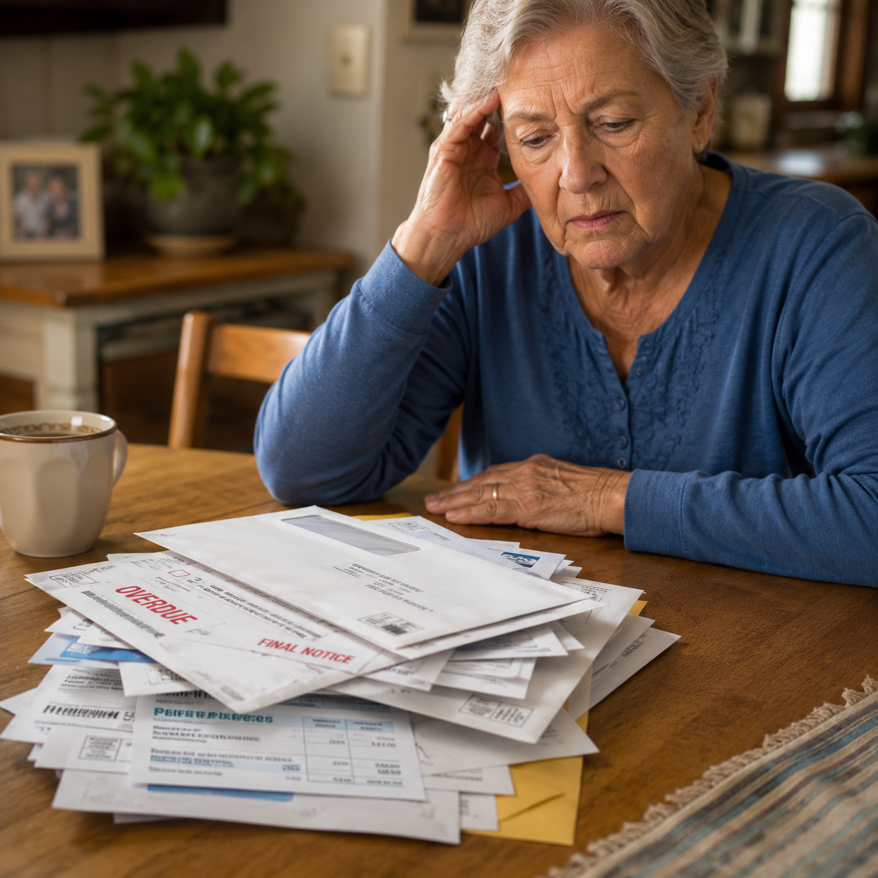 Elderly woman sitting at the kitchen table looking overwhelmed by a large pile of unopened bills and overdue notices